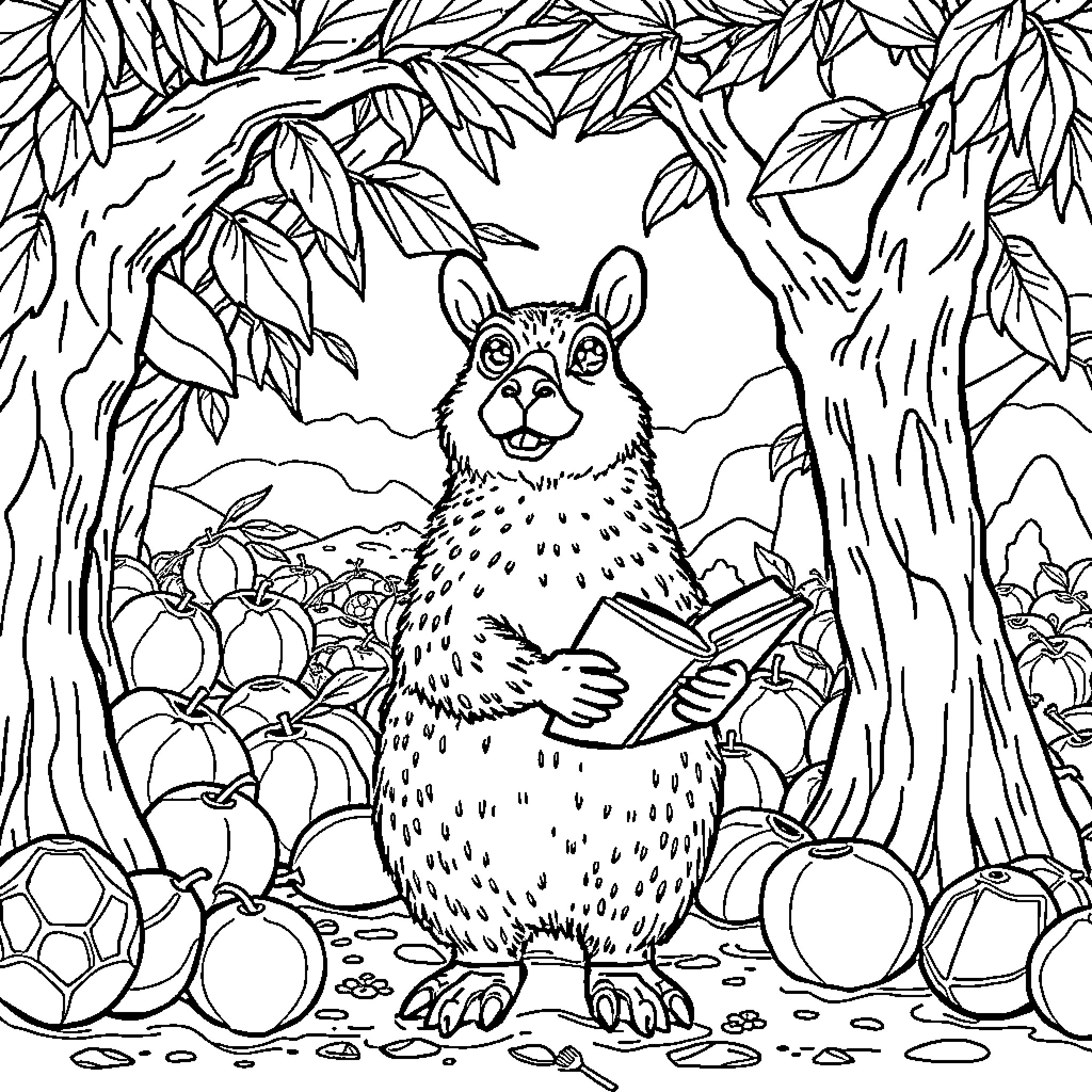 Capybara reading in the forest Coloring Page (free black-and-white line drawing printable PDF for all, from beginners to advanced learners, including children, teens, adults, and seniors)