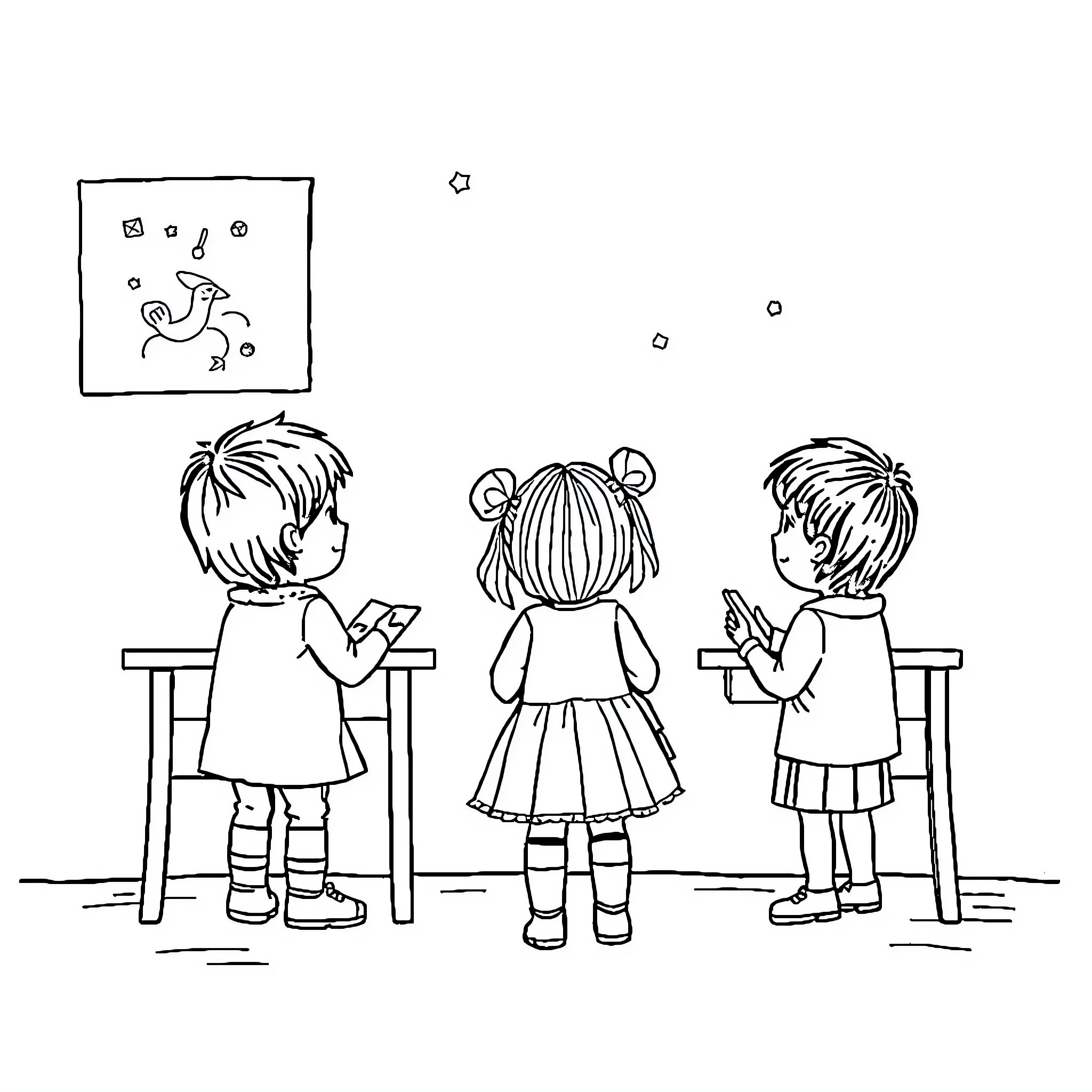 Preschool children engaged in various activities Coloring Page (free black-and-white line drawing printable PDF for all, from beginners to advanced learners, including children, teens, adults, and seniors)