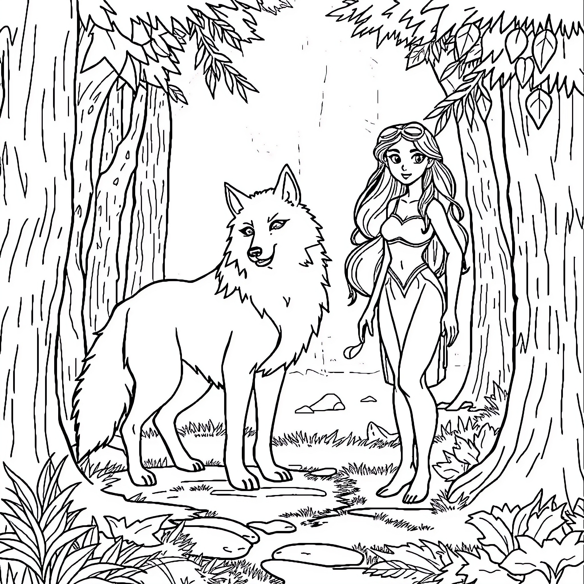 Snow White encountering a wolf in the forest Coloring Page (free black-and-white line drawing printable PDF for all, from beginners to advanced learners, including children, teens, adults, and seniors)