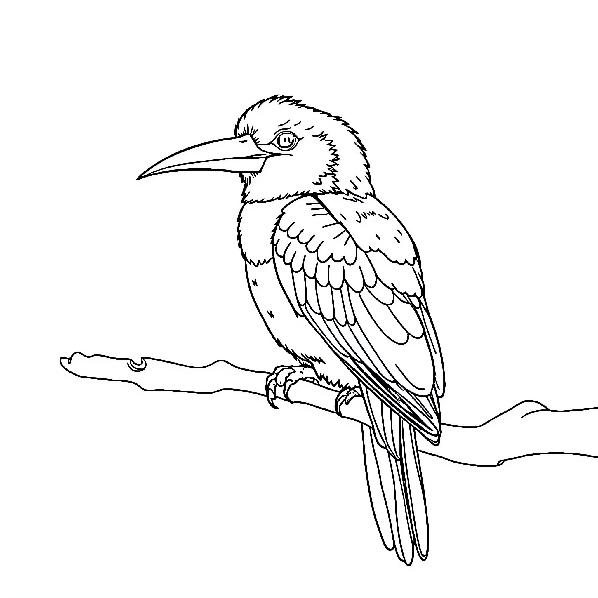 Parrot perched on a branch Coloring Page (free black-and-white line drawing printable PDF for all, from beginners to advanced learners, including children, teens, adults, and seniors)