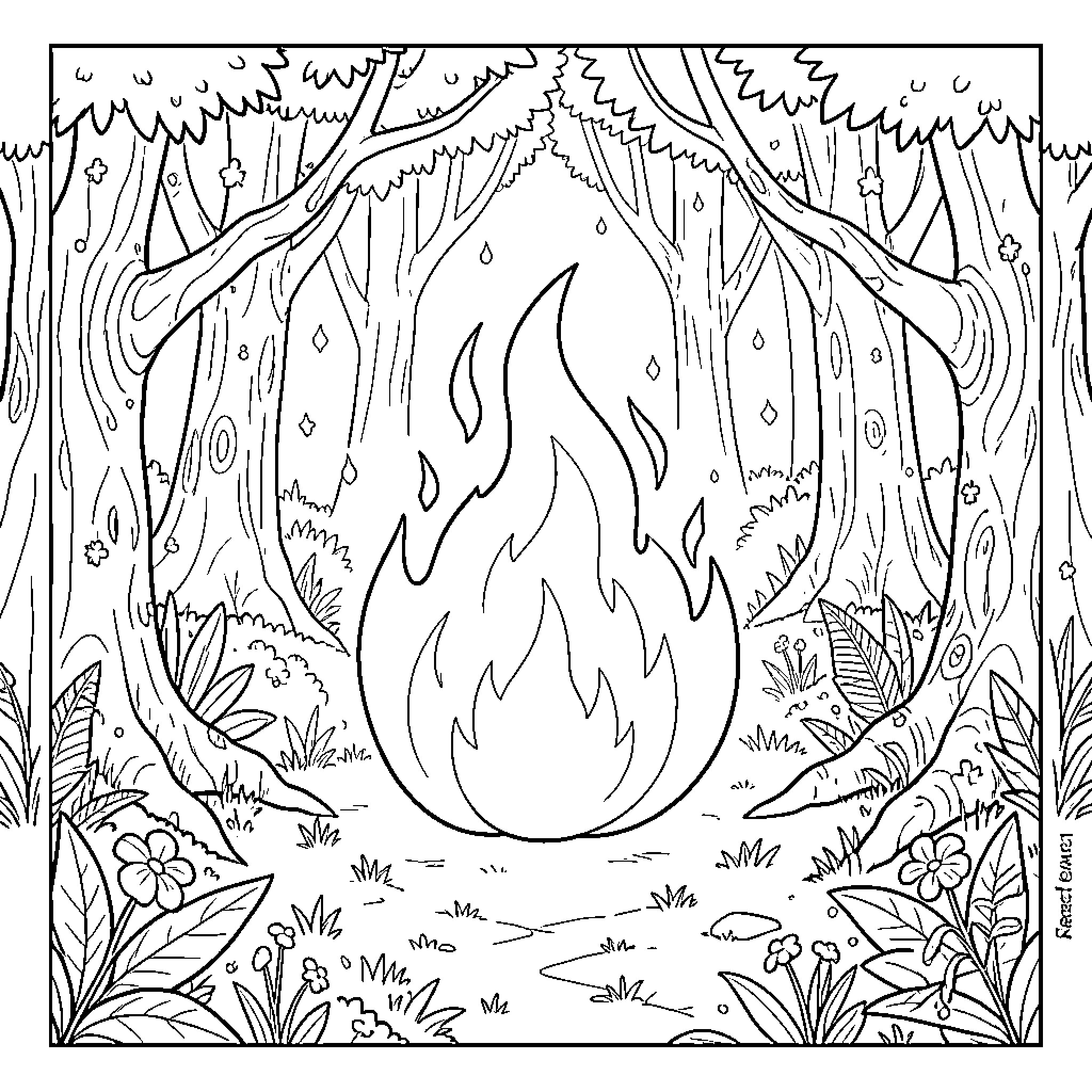 Flame burning brightly in a peaceful forest scene Coloring Page (free black-and-white line drawing printable PDF for all, from beginners to advanced learners, including children, teens, adults, and seniors)