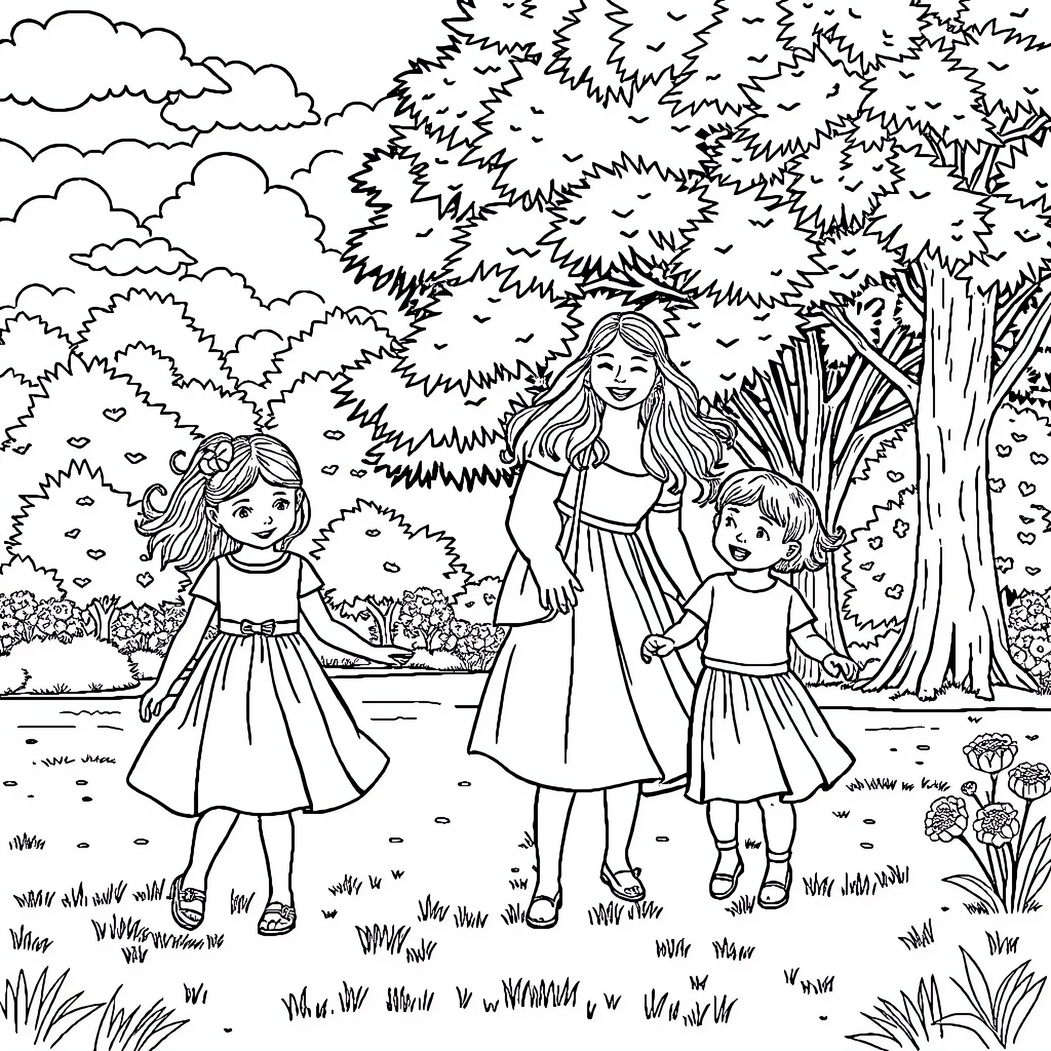 Child friends walking together in nature Coloring Page (free black-and-white line drawing printable PDF for all, from beginners to advanced learners, including children, teens, adults, and seniors)