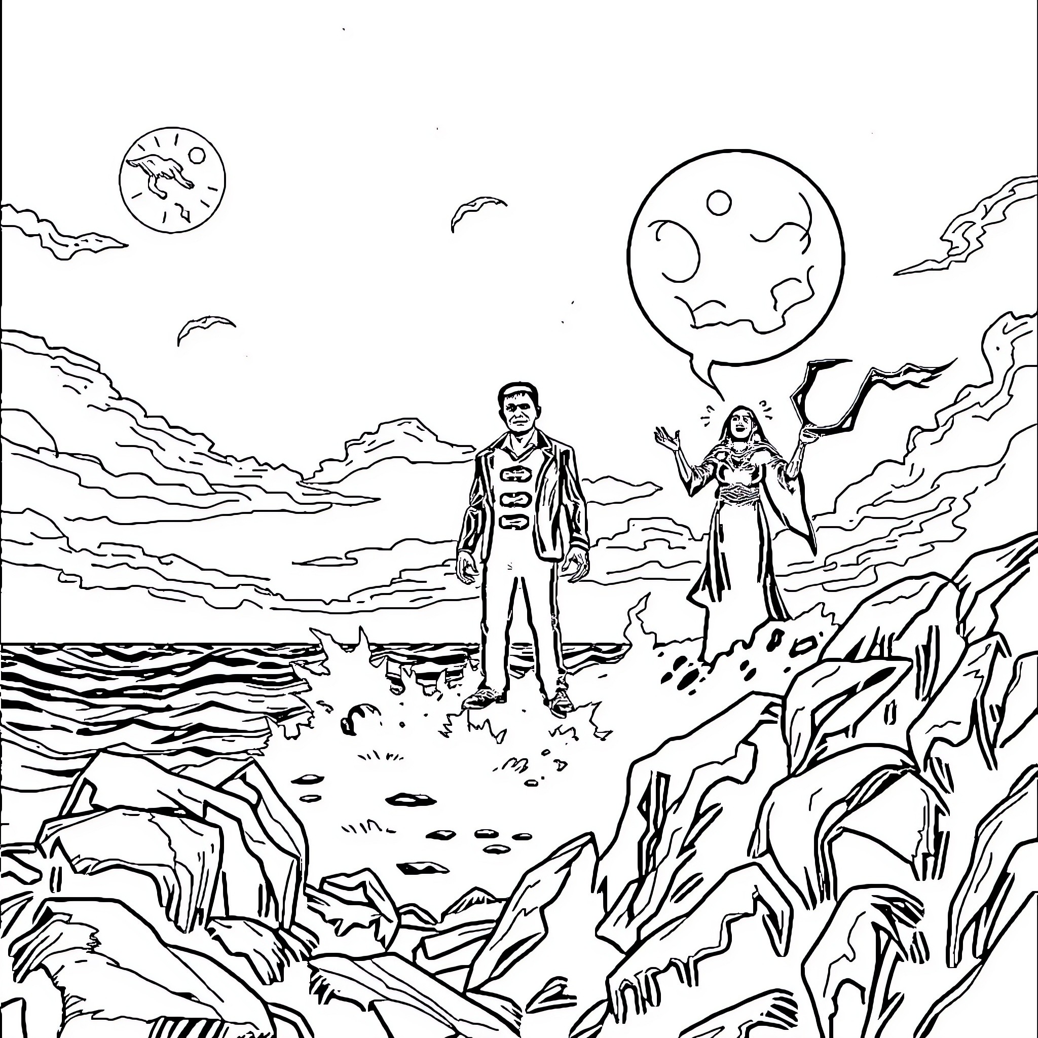 Frankenstein's Frightening Frolic on the Rocky Shores Coloring Page (free black-and-white line drawing printable PDF for all, from beginners to advanced learners, including children, teens, adults, and seniors)