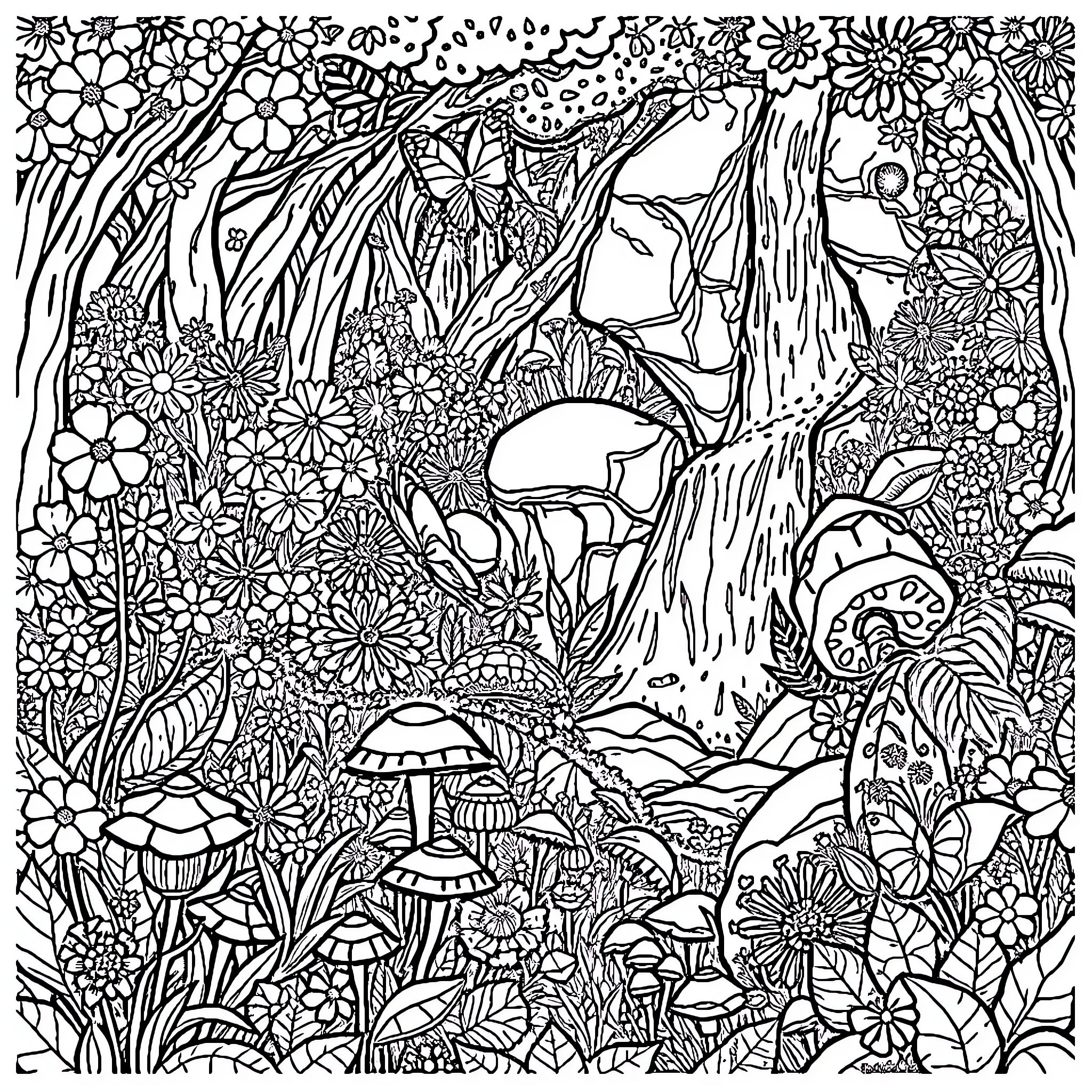 Wildflower Forest Filled with Enchanting Details Coloring Page (free black-and-white line drawing printable PDF for all, from beginners to advanced learners, including children, teens, adults, and seniors)