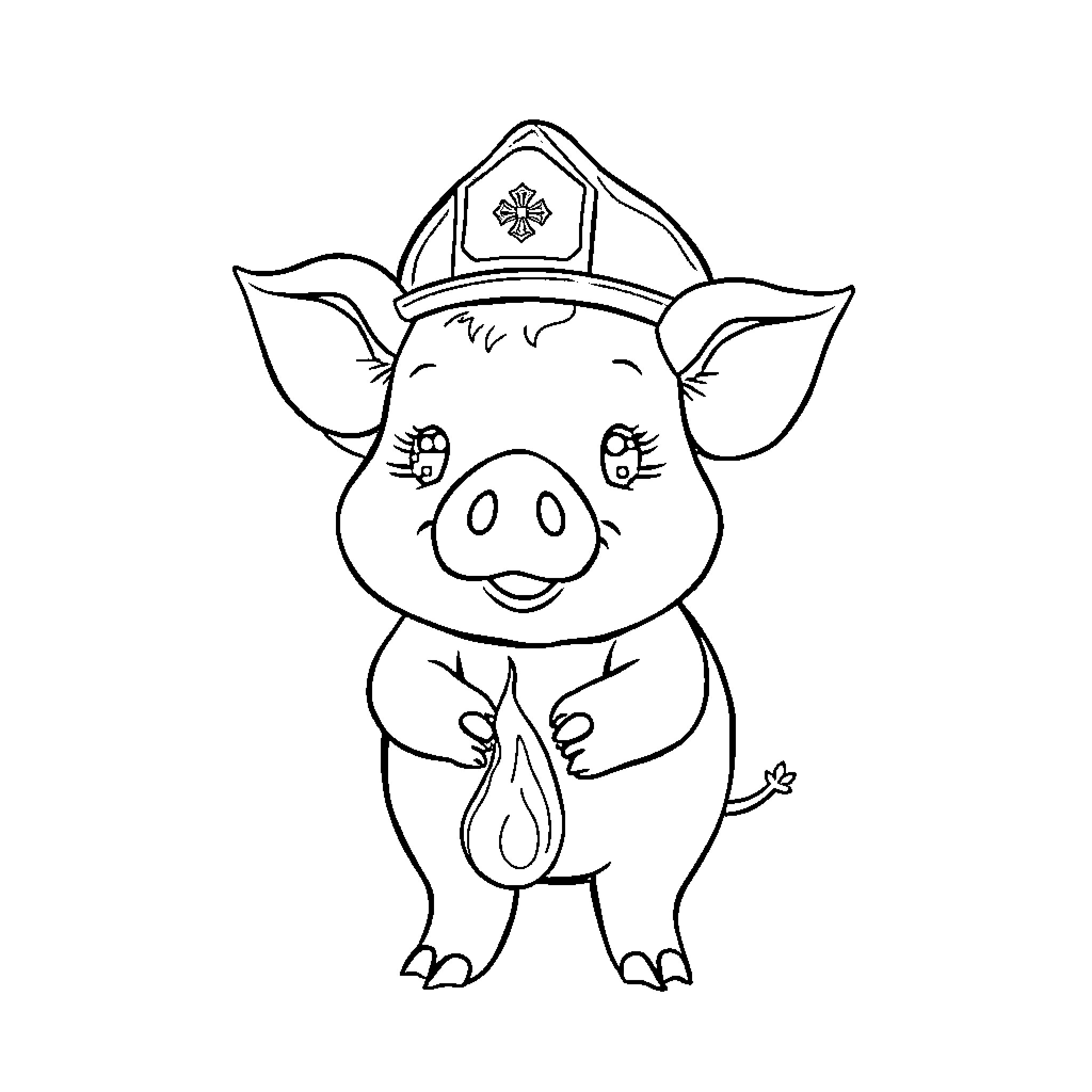 Pig wearing firefighter hat and holding a hose Coloring Page (free black-and-white line drawing printable PDF for all, from beginners to advanced learners, including children, teens, adults, and seniors)