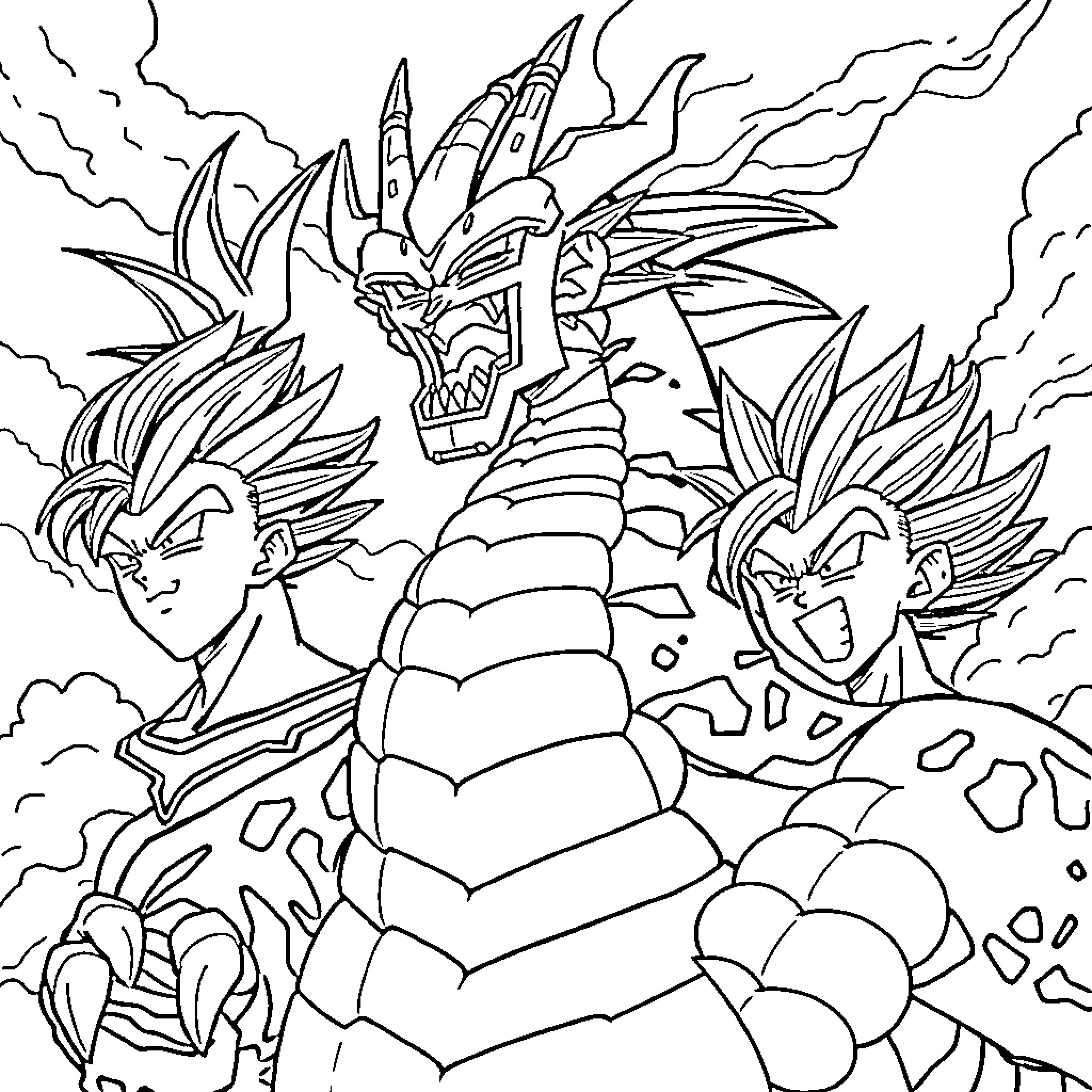 Shenron summoned by Goku and Vegeta Coloring Page (free black-and-white line drawing printable PDF for all, from beginners to advanced learners, including children, teens, adults, and seniors)