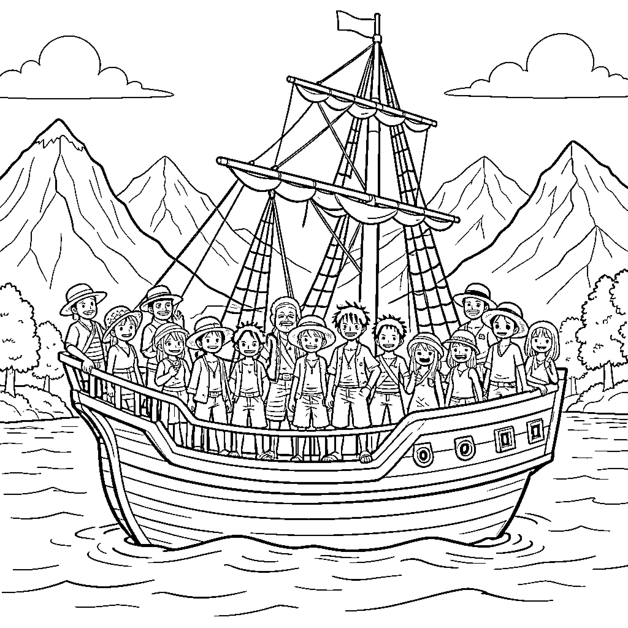 Luffy and his crew standing on a sailing ship Coloring Page (free black-and-white line drawing printable PDF for all, from beginners to advanced learners, including children, teens, adults, and seniors)