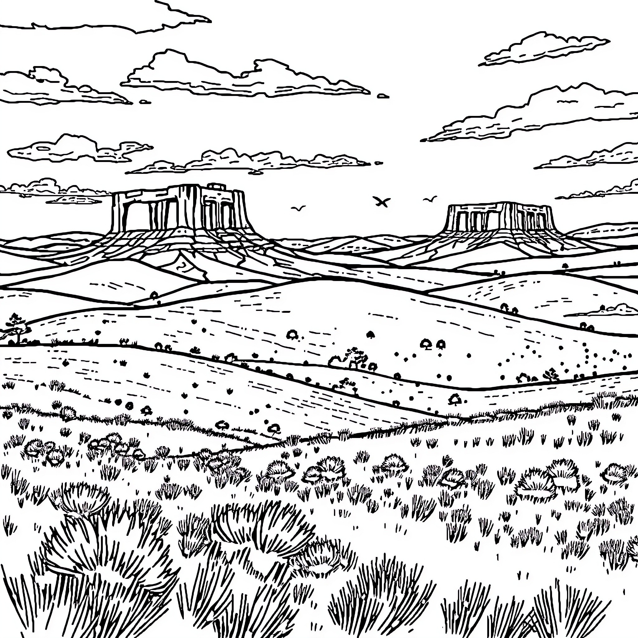 Texas Desert Landscape with Dramatic Clouds and Wildlife Coloring Page (free black-and-white line drawing printable PDF for all, from beginners to advanced learners, including children, teens, adults, and seniors)