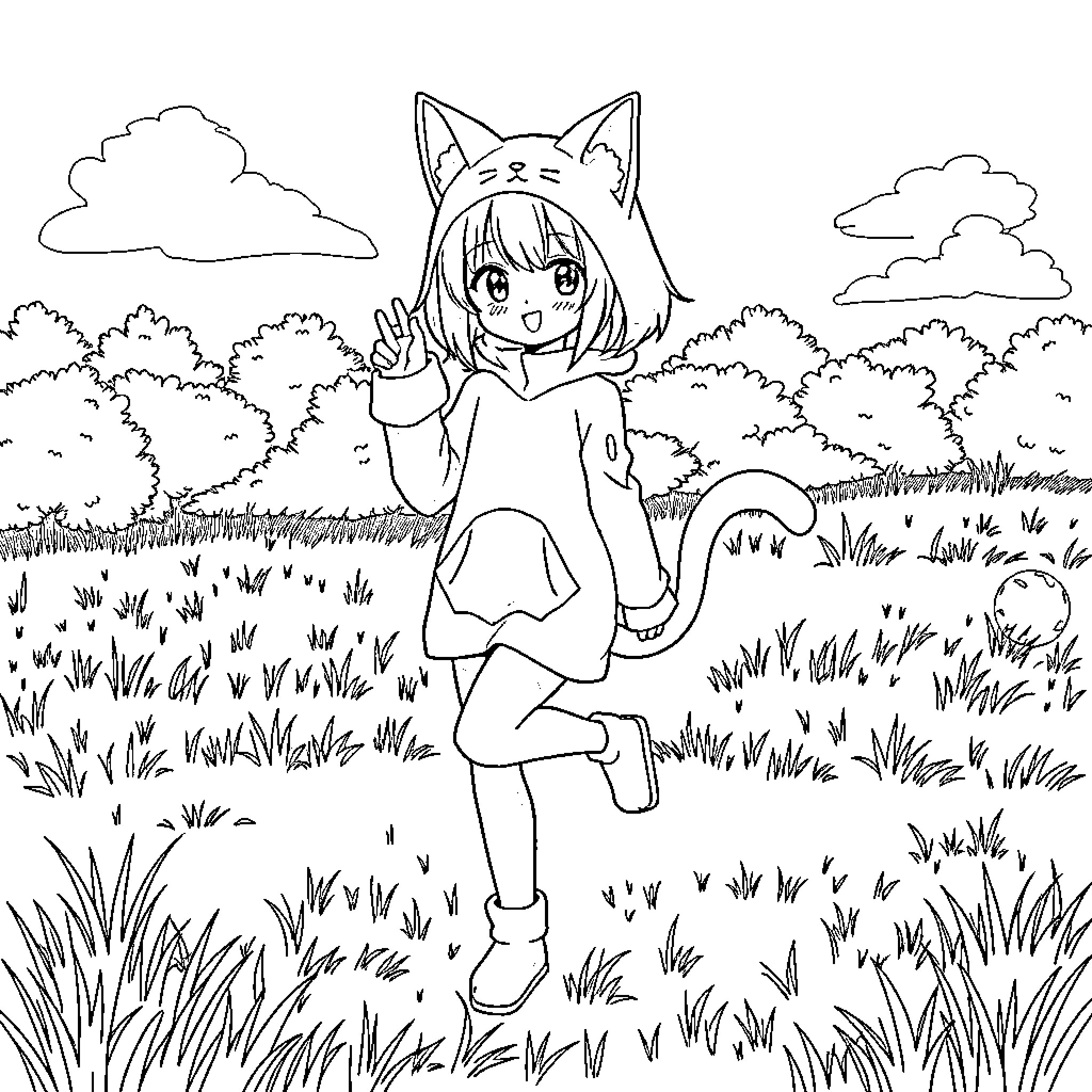 Anime Girl Playfully Frolicking in Lush Countryside Coloring Page (free black-and-white line drawing printable PDF for all, from beginners to advanced learners, including children, teens, adults, and seniors)