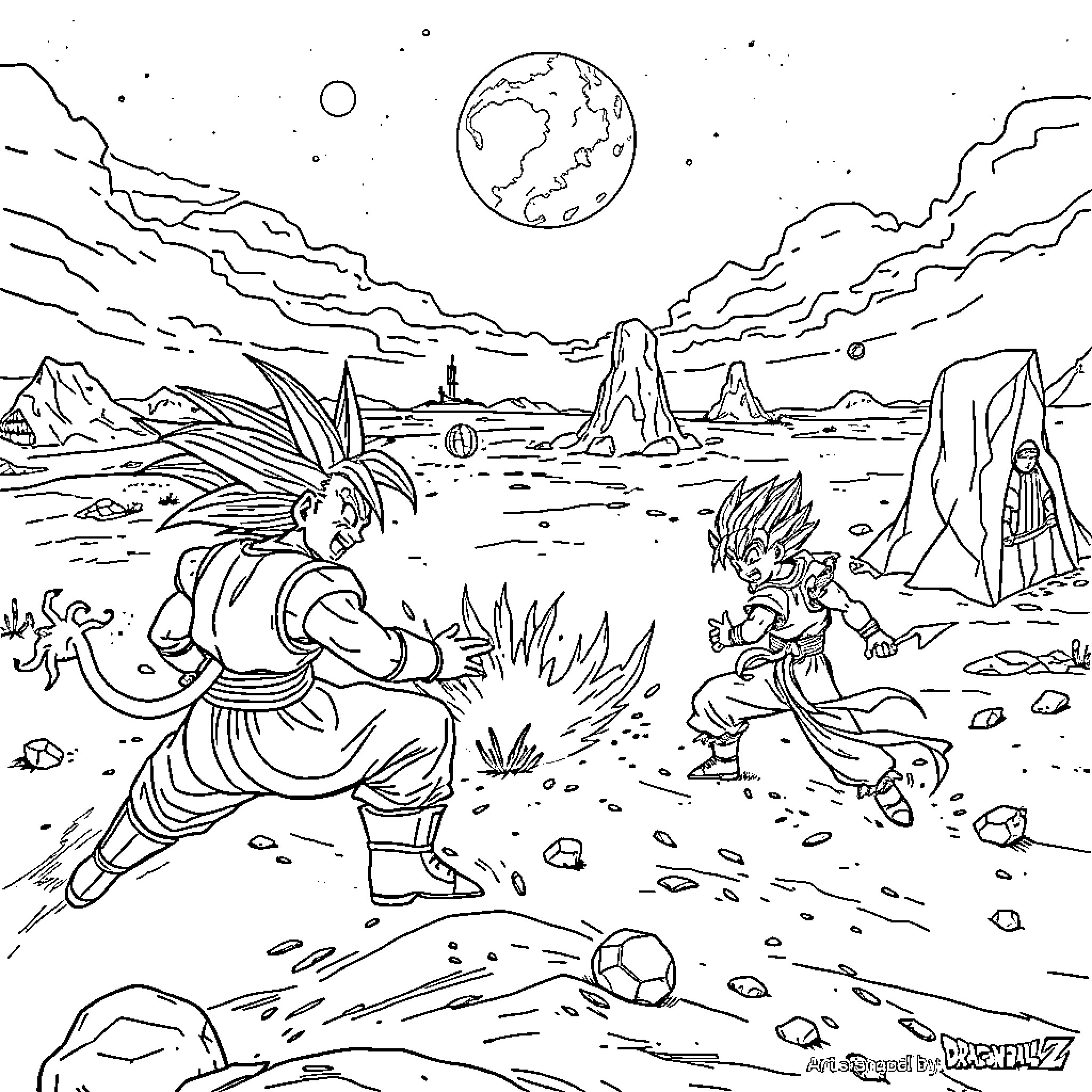 Dragon Ball Z - Epic Clash in Alien Landscape Coloring Page (free black-and-white line drawing printable PDF for all, from beginners to advanced learners, including children, teens, adults, and seniors)