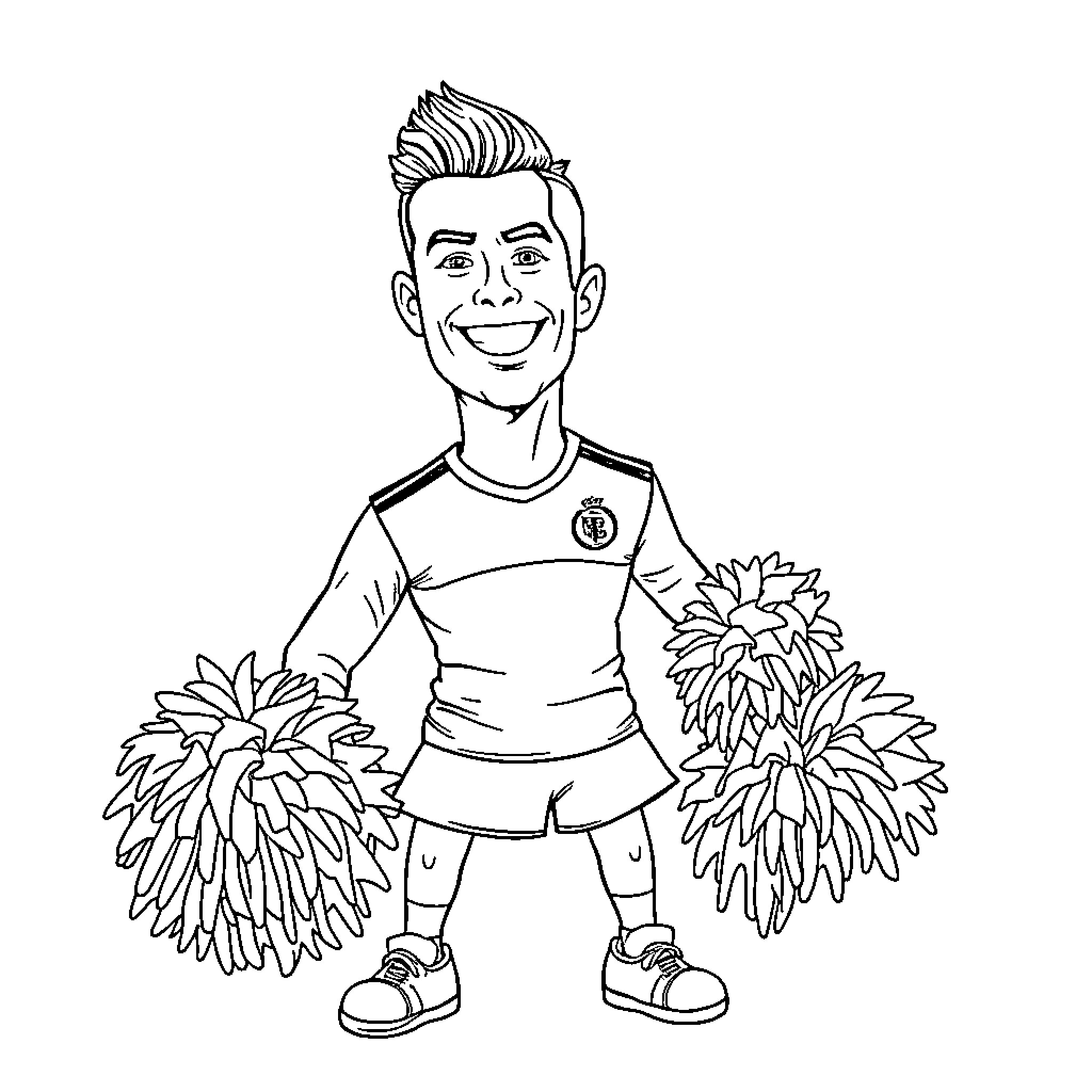 Ronaldo Cheerleading with Pompoms Coloring Page (free black-and-white line drawing printable PDF for all, from beginners to advanced learners, including children, teens, adults, and seniors)