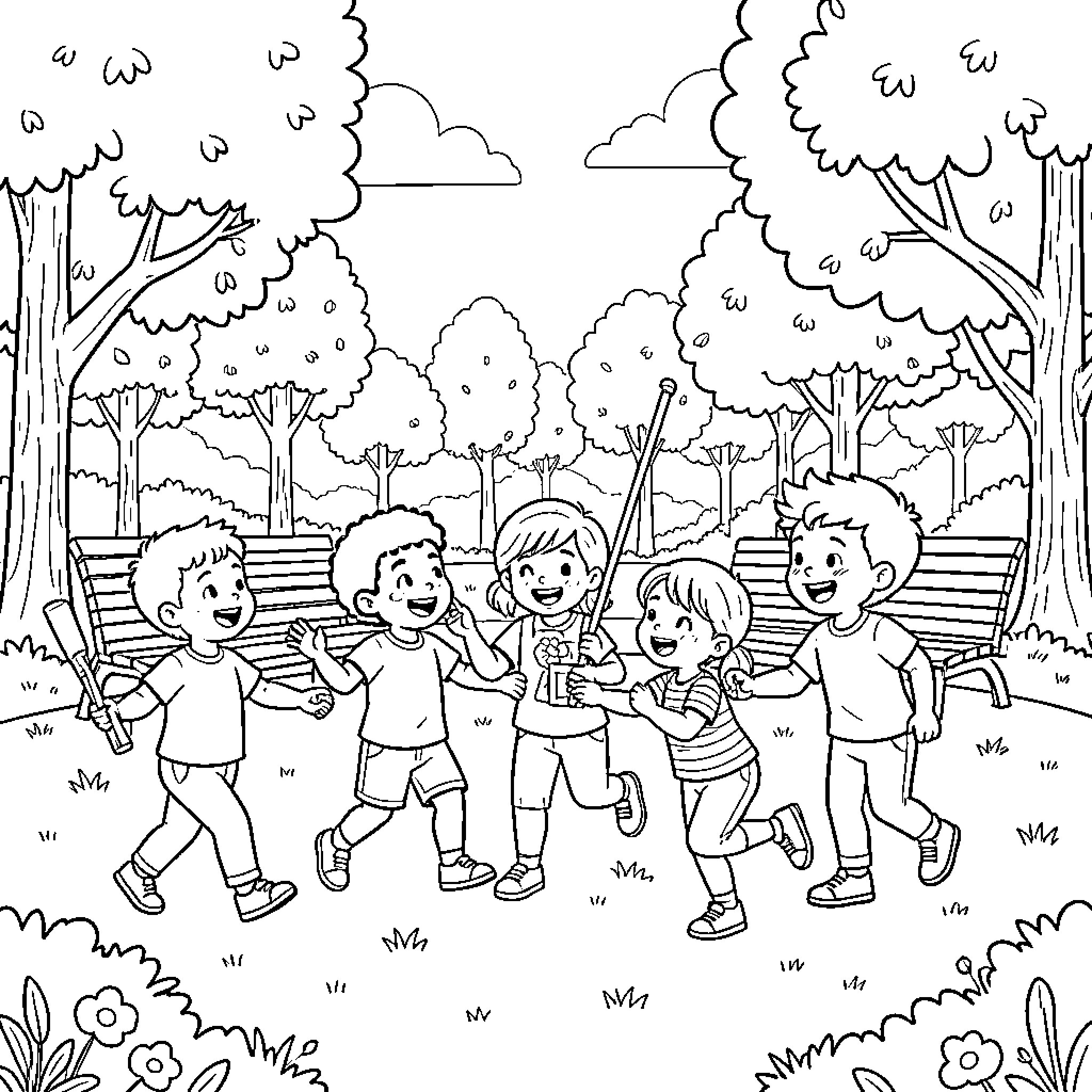 Child group playing happily together in a park Coloring Page (free black-and-white line drawing printable PDF for all, from beginners to advanced learners, including children, teens, adults, and seniors)