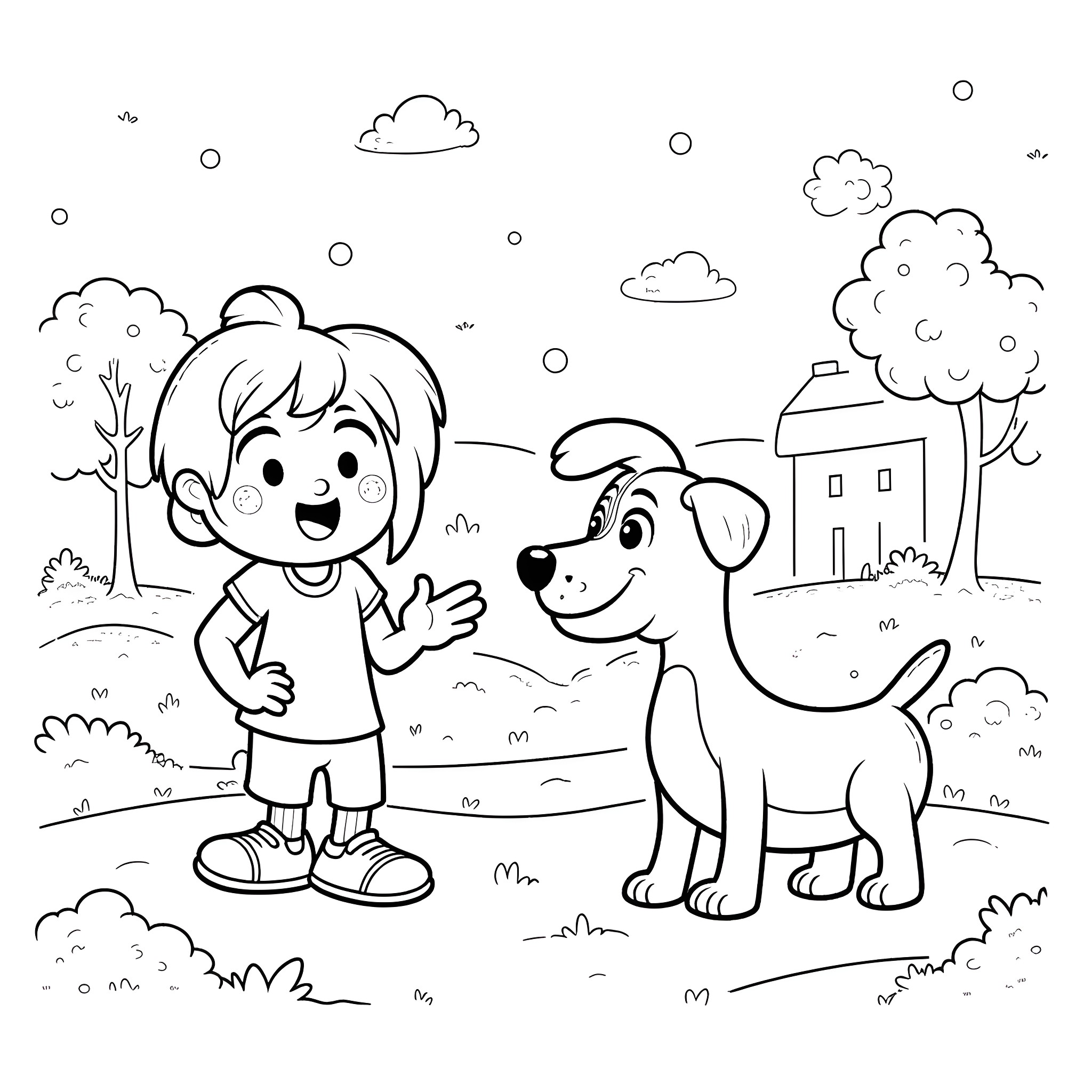 Rex and his dog playing happily in the park Coloring Page (free black-and-white line drawing printable PDF for all, from beginners to advanced learners, including children, teens, adults, and seniors)
