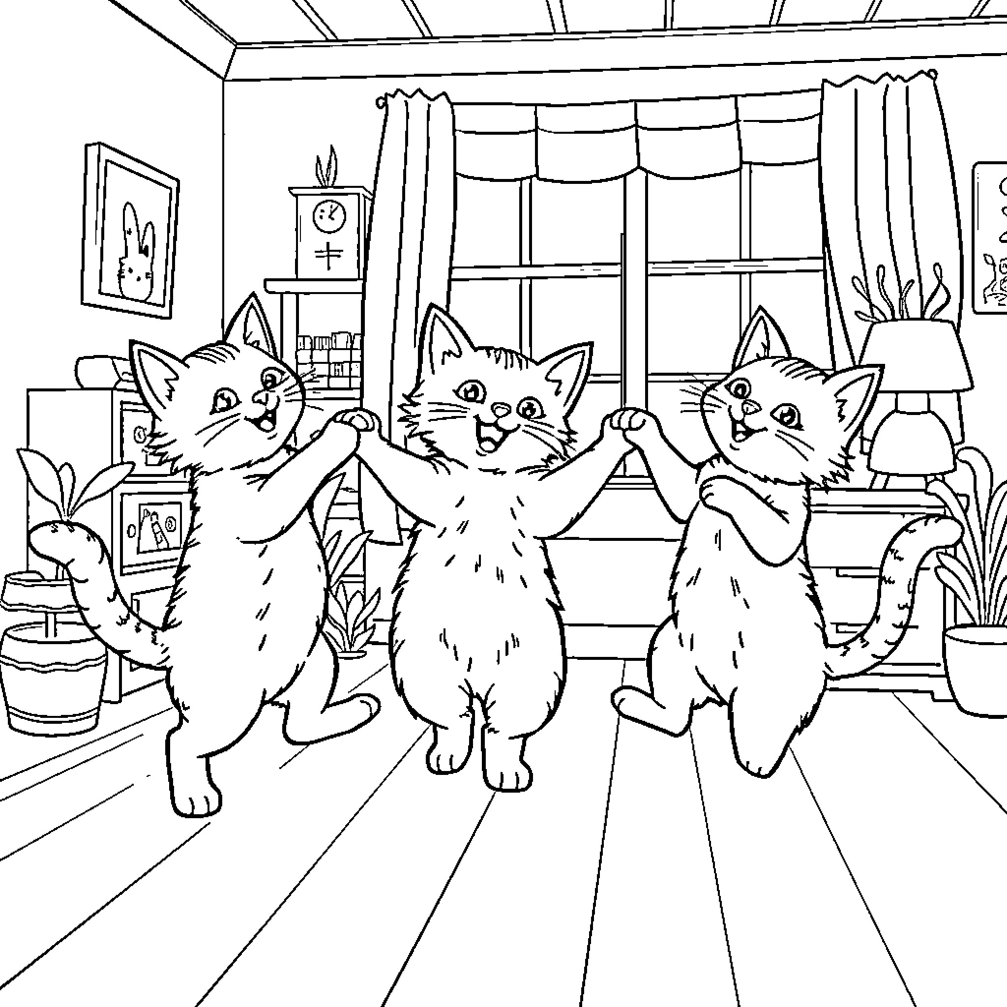 Cats playing together in a cozy indoor setting Coloring Page (free black-and-white line drawing printable PDF for all, from beginners to advanced learners, including children, teens, adults, and seniors)