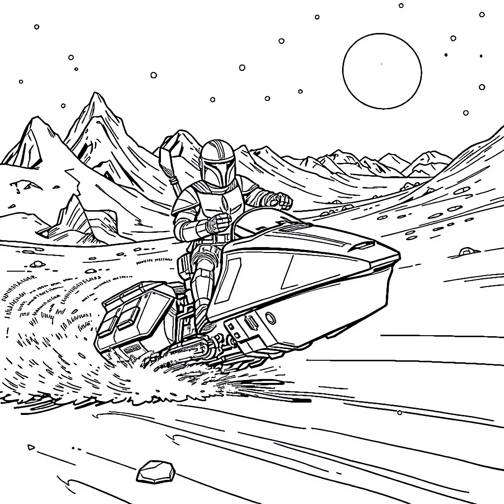 Speeder Bike racing across alien landscape Coloring Page (free black-and-white line drawing printable PDF for all, from beginners to advanced learners, including children, teens, adults, and seniors)