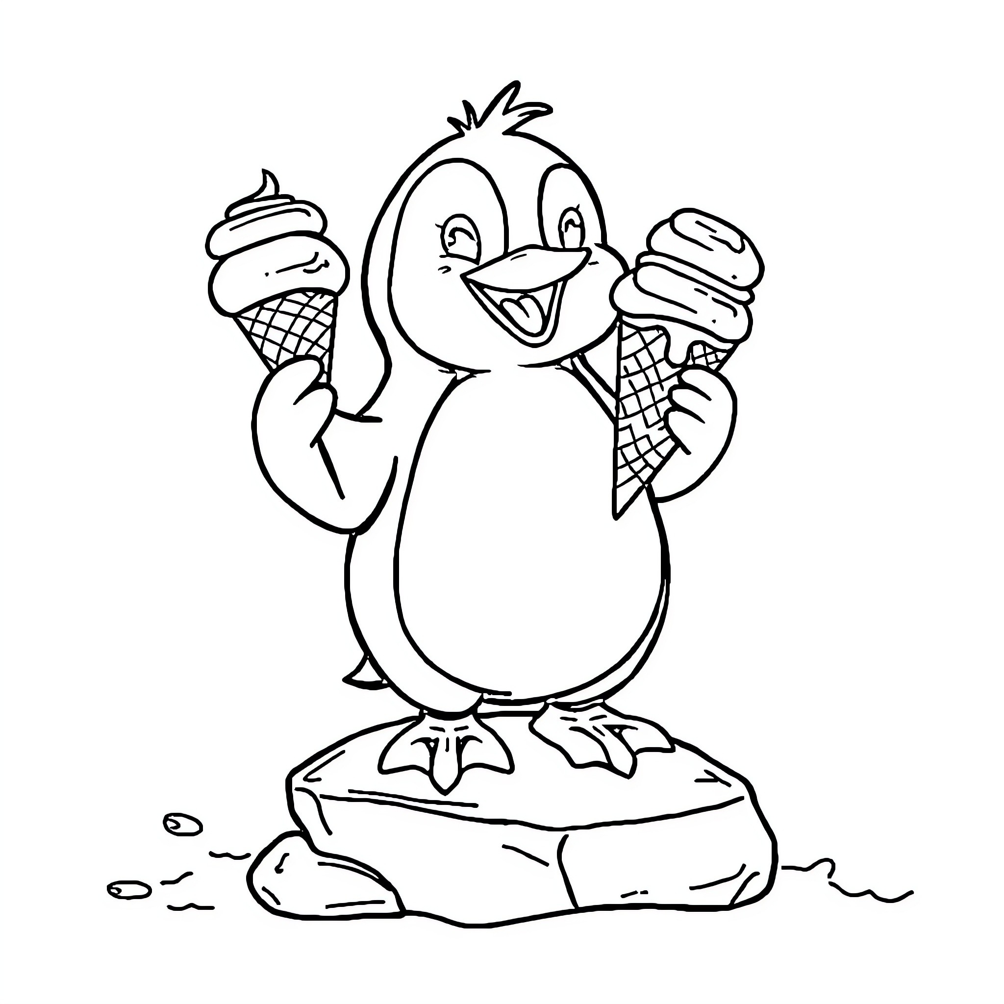 Penguin enjoying ice cream cones Coloring Page (free black-and-white line drawing printable PDF for all, from beginners to advanced learners, including children, teens, adults, and seniors)