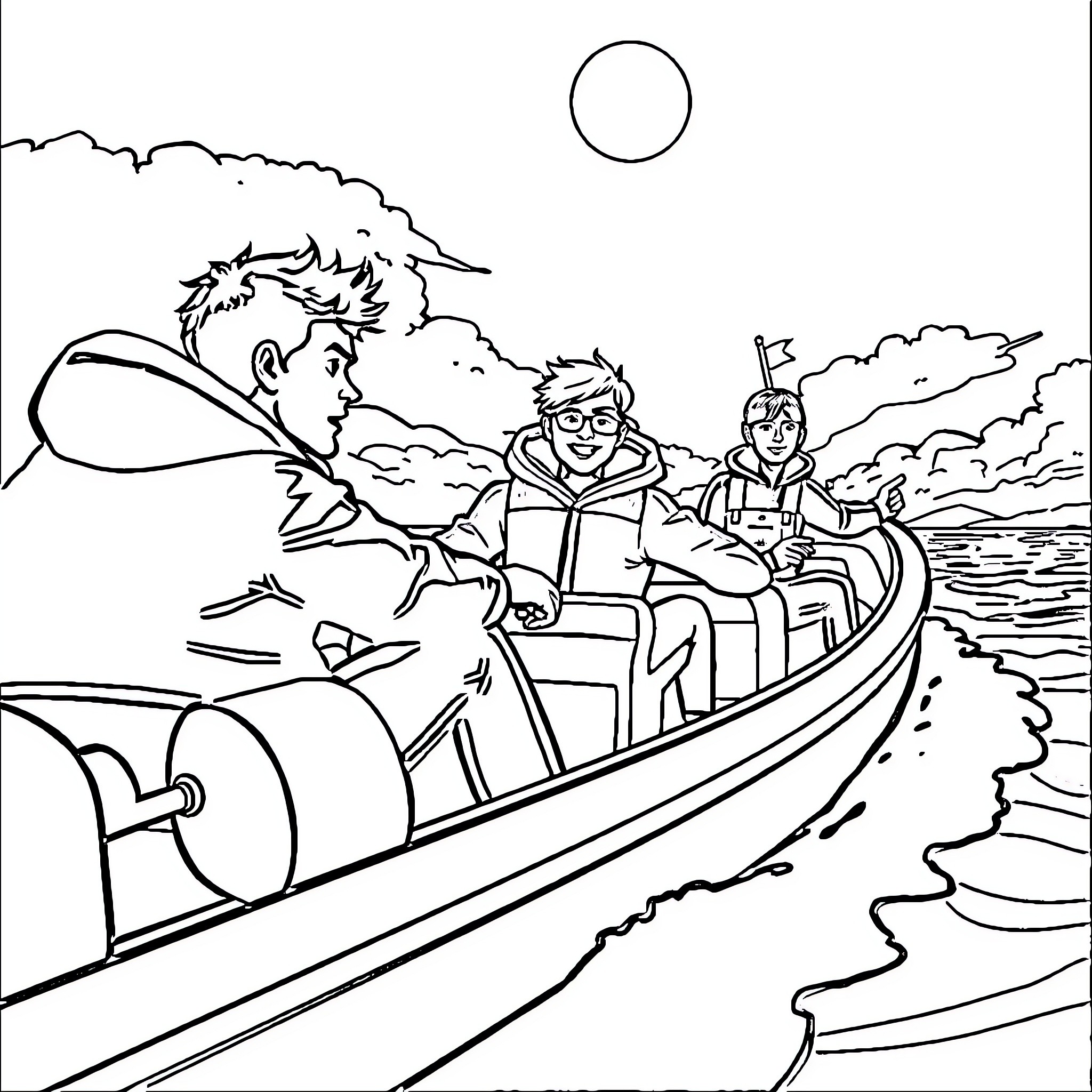 Sam the Fireman rescues people in a boat during an emergency Coloring Page (free black-and-white line drawing printable PDF for all, from beginners to advanced learners, including children, teens, adults, and seniors)