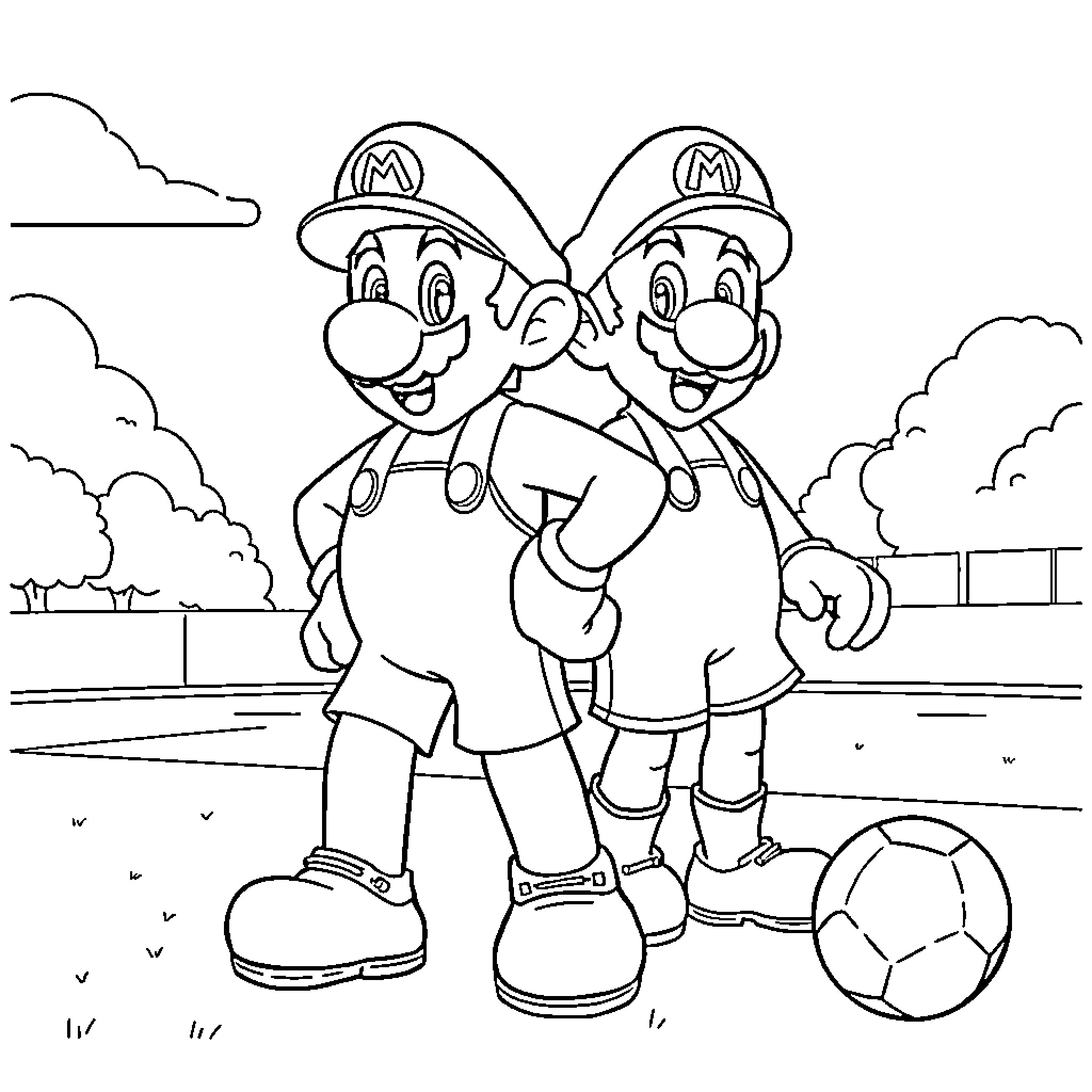 Mario brothers playing soccer in the park Coloring Page (free black-and-white line drawing printable PDF for all, from beginners to advanced learners, including children, teens, adults, and seniors)