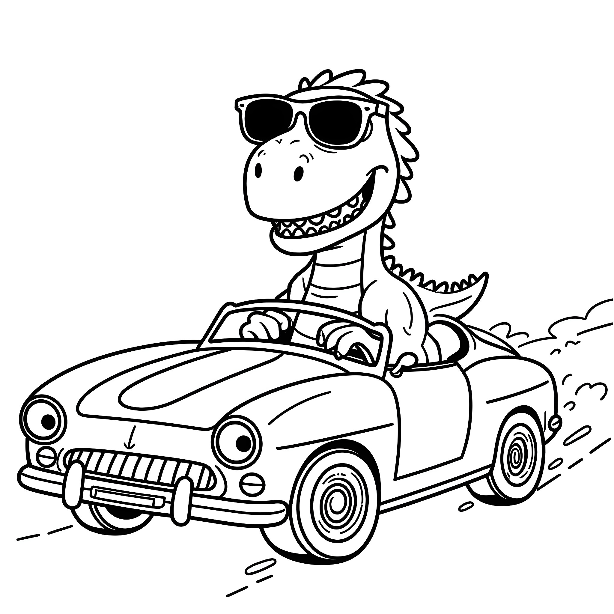 T-Rex driving a cool sports car in style Coloring Page (free black-and-white line drawing printable PDF for all, from beginners to advanced learners, including children, teens, adults, and seniors)