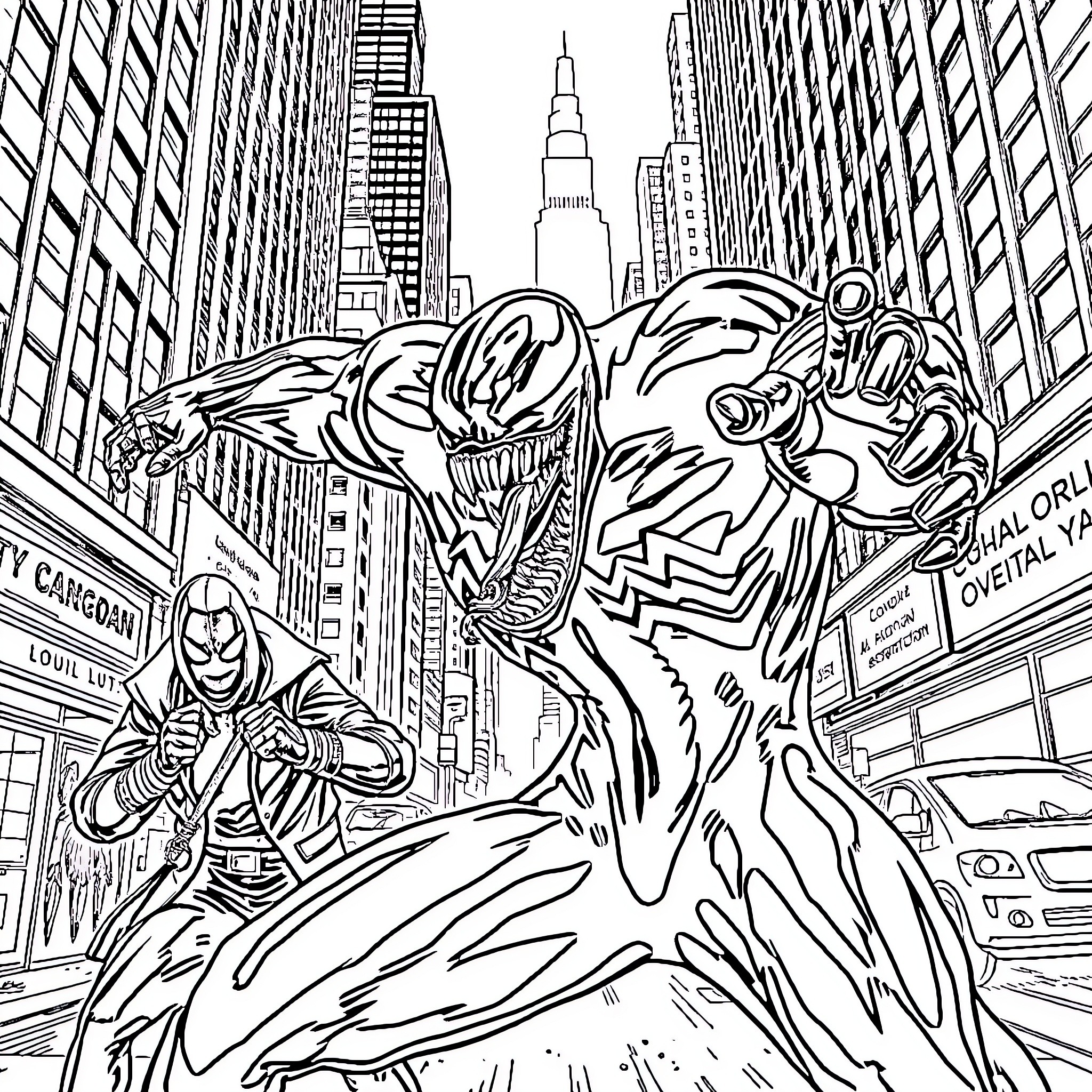 Venom unleashing its powers in the city Coloring Page (free black-and-white line drawing printable PDF for all, from beginners to advanced learners, including children, teens, adults, and seniors)