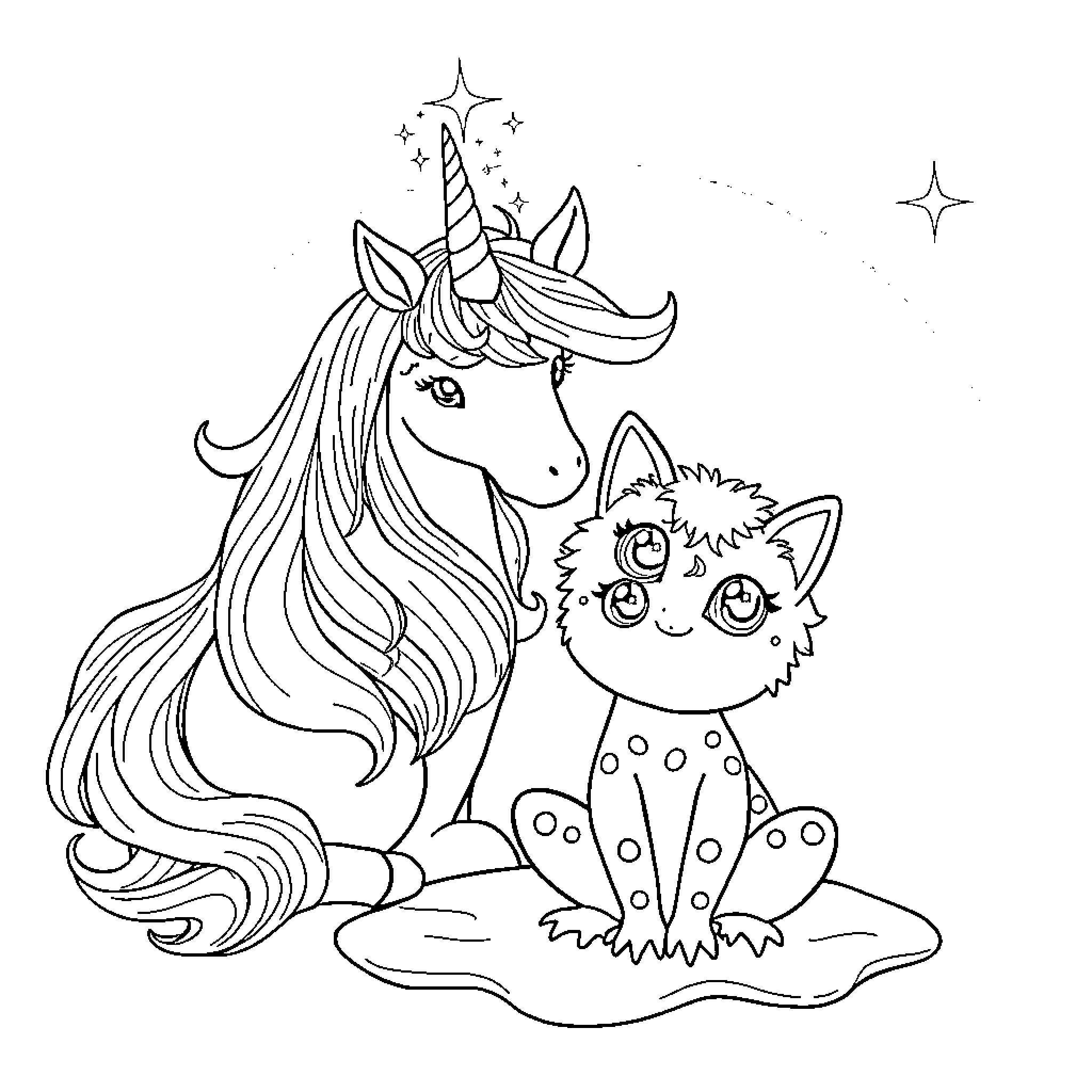 Unicorn and Cute Fantasy Creature on Cloud Coloring Page (free black-and-white line drawing printable PDF for all, from beginners to advanced learners, including children, teens, adults, and seniors)