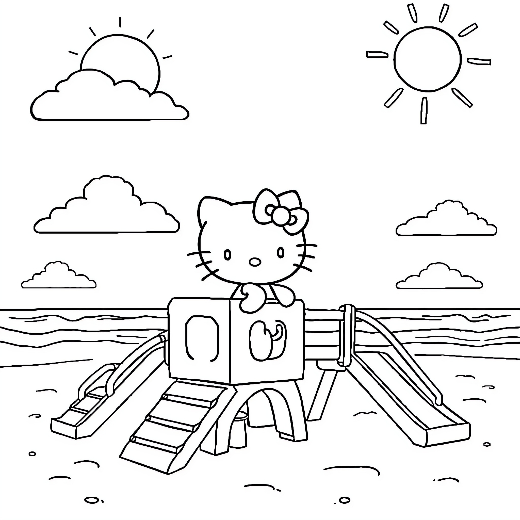 Hello Kitty playing on the playground equipment Coloring Page (free black-and-white line drawing printable PDF for all, from beginners to advanced learners, including children, teens, adults, and seniors)