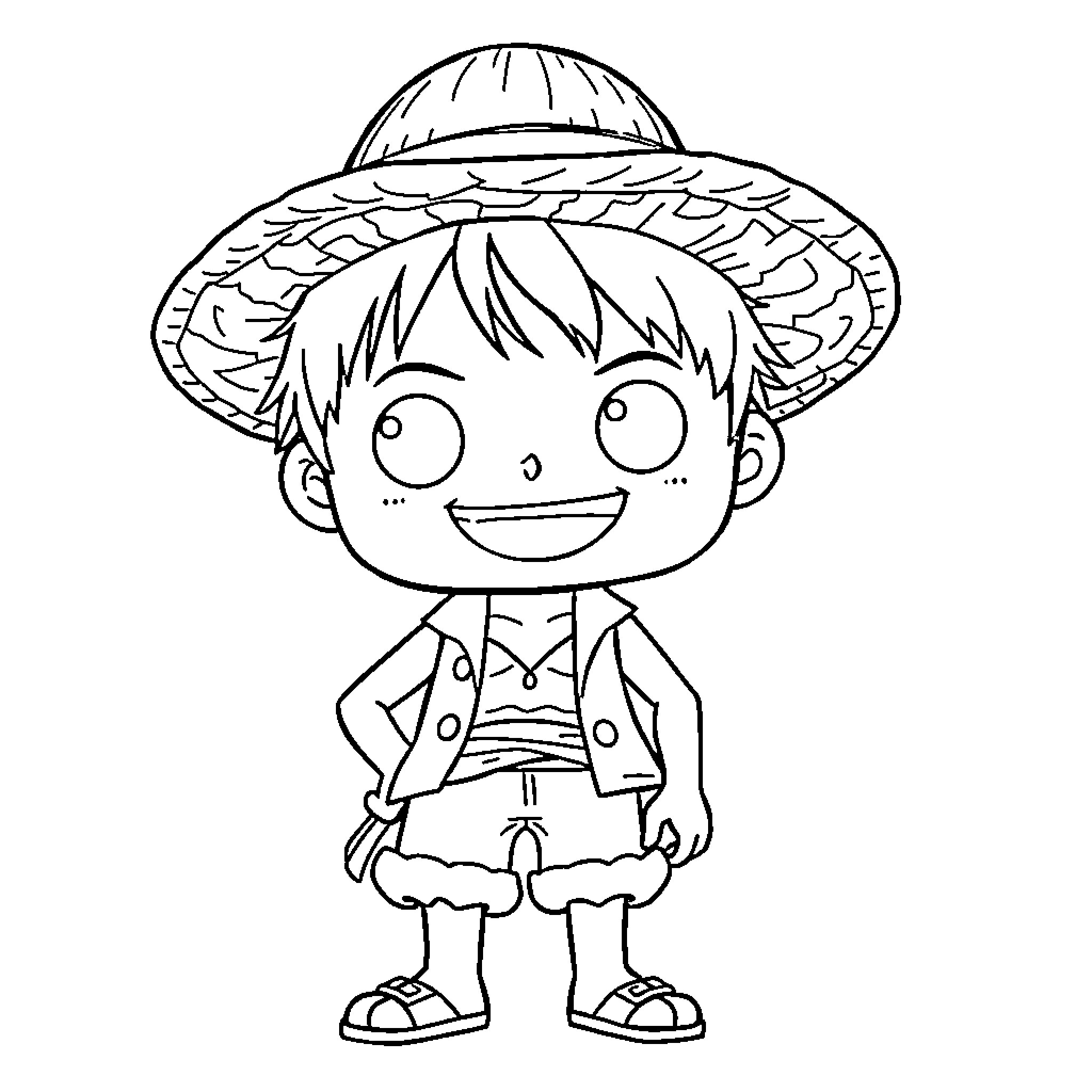 Luffy wearing a straw hat and smiling happily Coloring Page (free black-and-white line drawing printable PDF for all, from beginners to advanced learners, including children, teens, adults, and seniors)