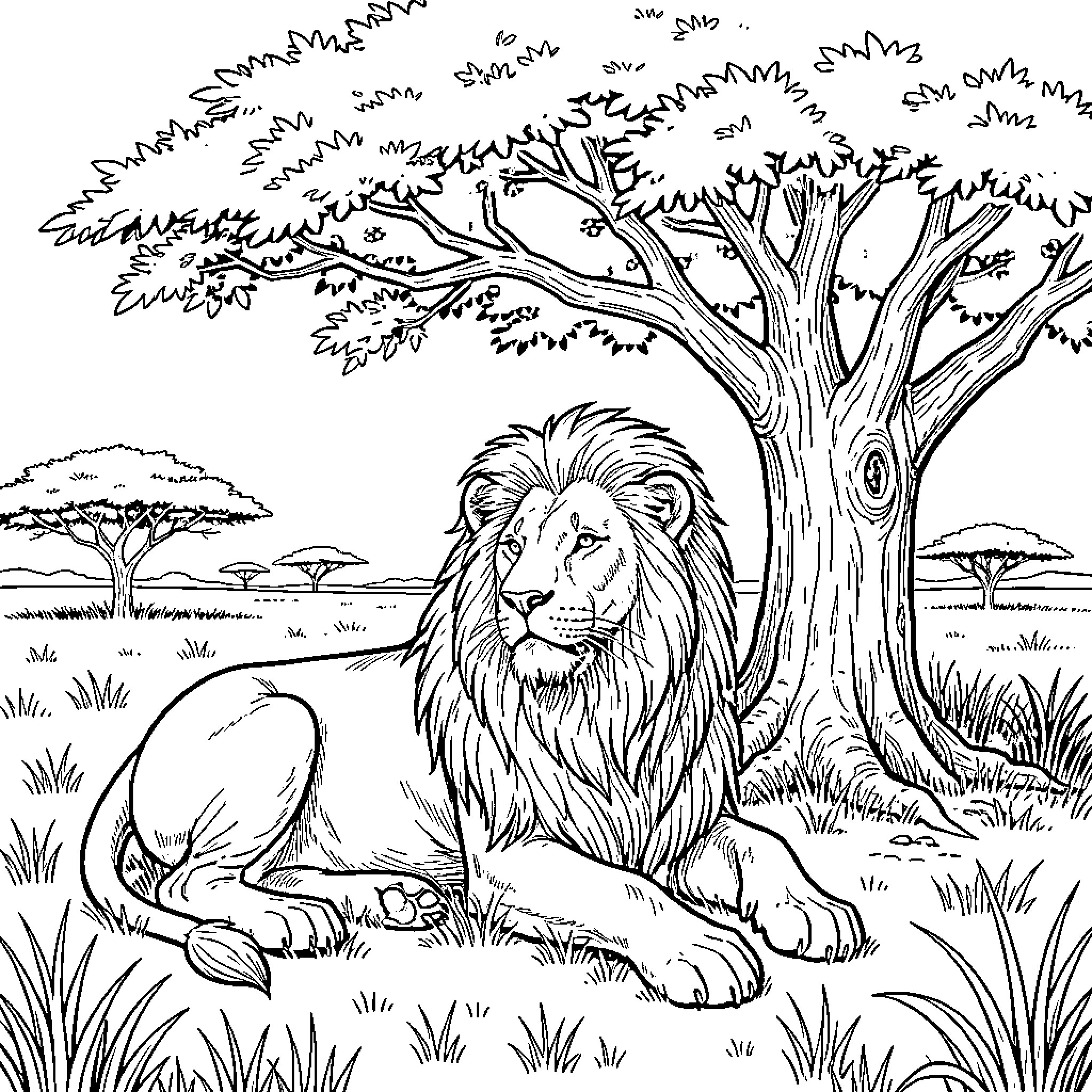 Lion resting peacefully in the African savanna Coloring Page (free black-and-white line drawing printable PDF for all, from beginners to advanced learners, including children, teens, adults, and seniors)