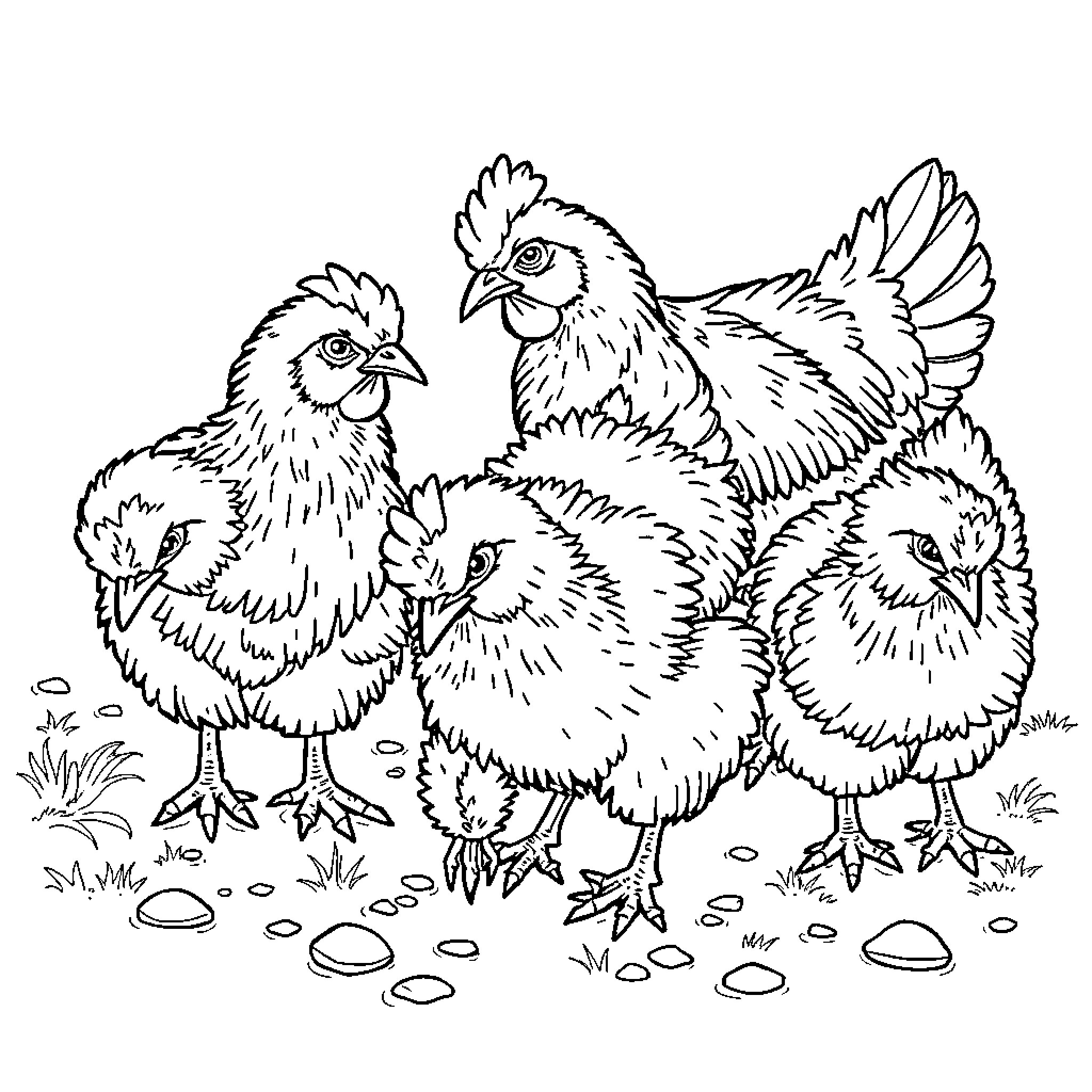 Chicken family enjoying a sunny day Coloring Page (free black-and-white line drawing printable PDF for all, from beginners to advanced learners, including children, teens, adults, and seniors)