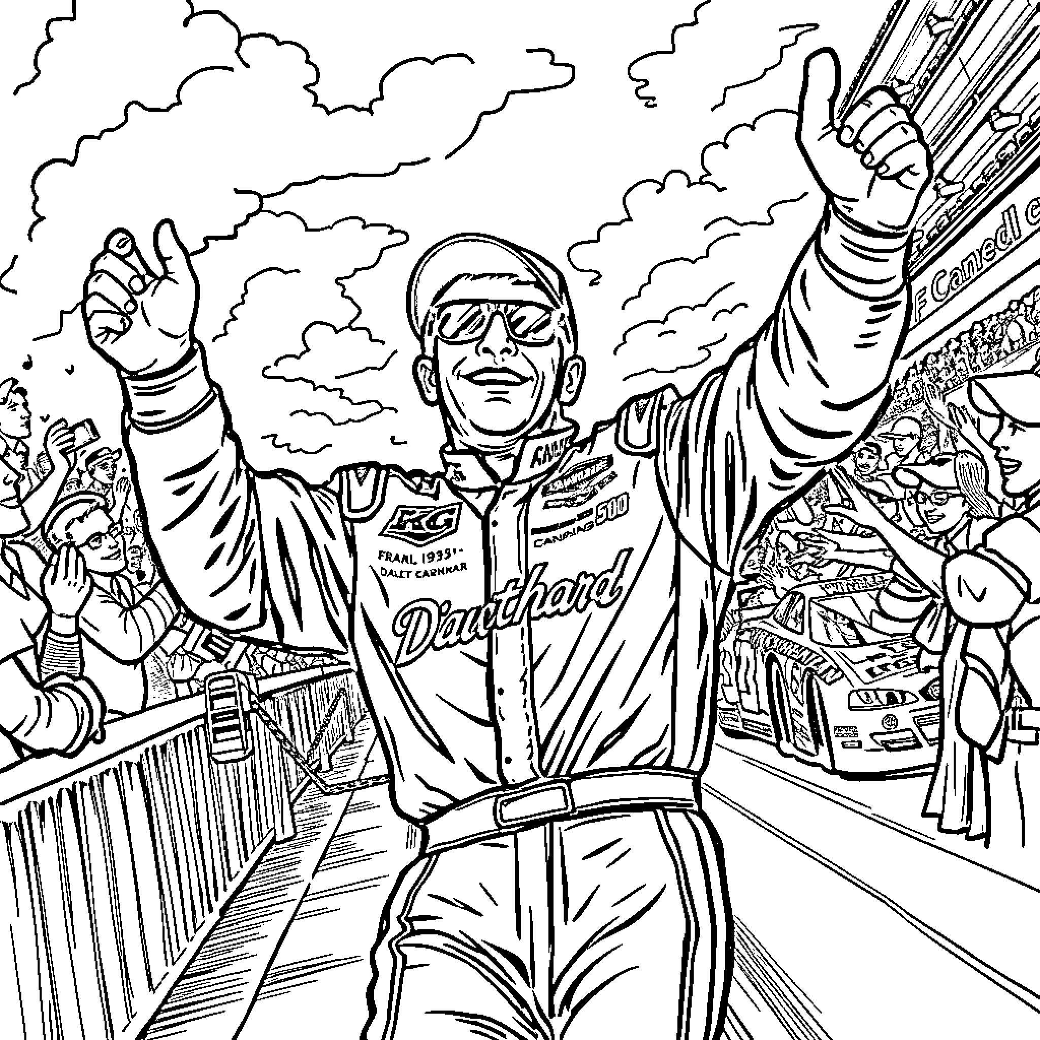 Dale Earnhardt Celebrating Victory at the Racetrack Coloring Page (free black-and-white line drawing printable PDF for all, from beginners to advanced learners, including children, teens, adults, and seniors)