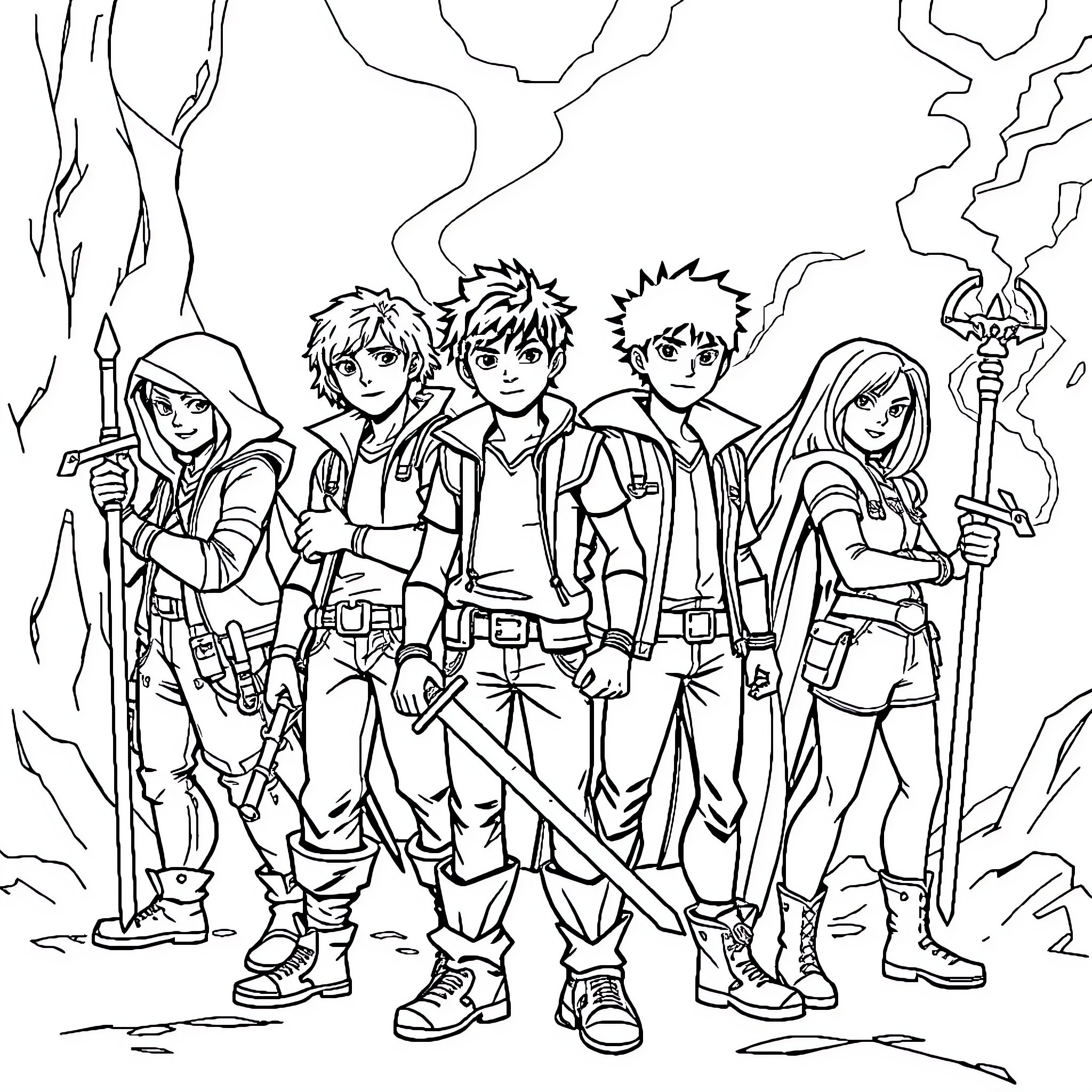 Percy Jackson and his friends on an adventure Coloring Page (free black-and-white line drawing printable PDF for all, from beginners to advanced learners, including children, teens, adults, and seniors)