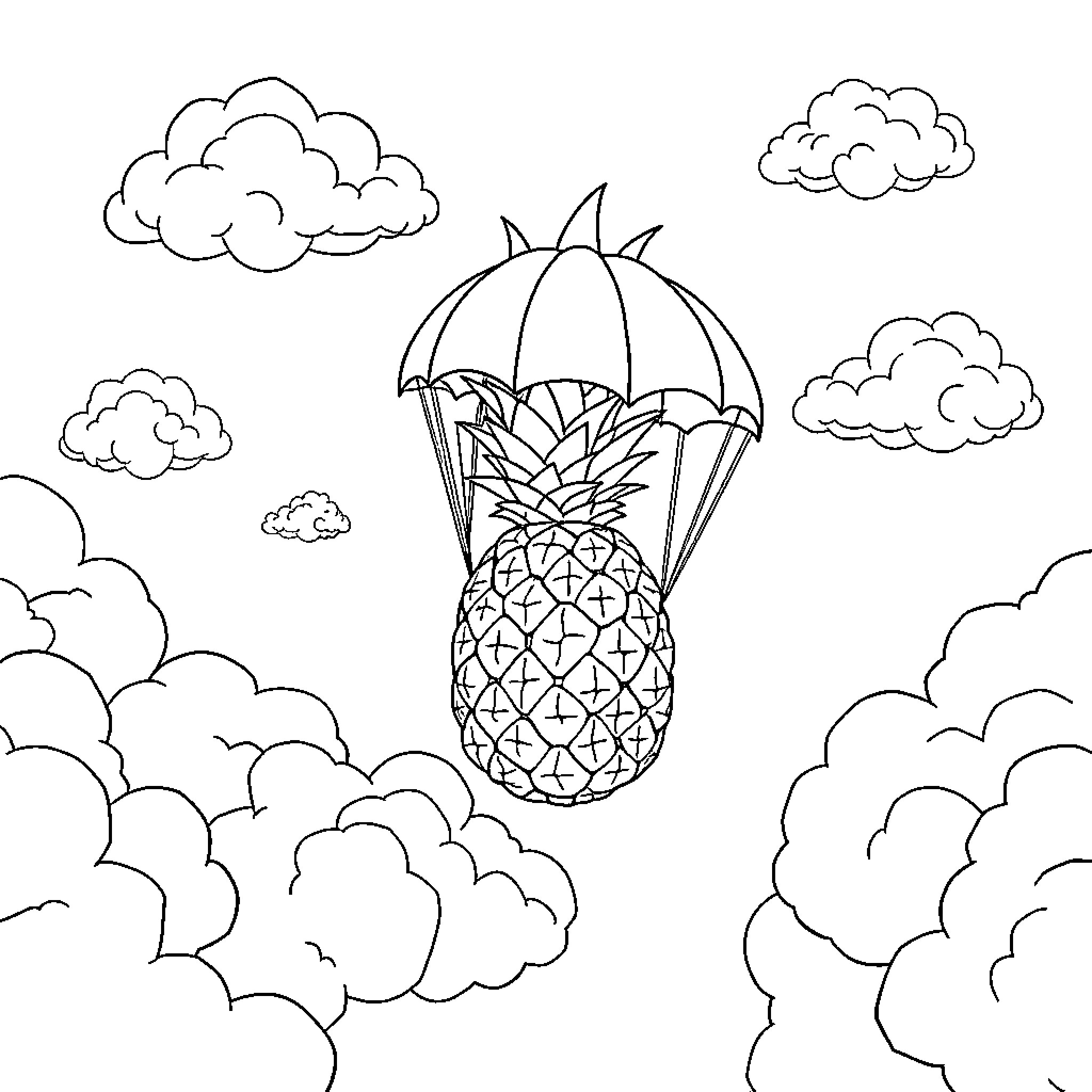 Pineapple floating in the sky with parachute Coloring Page (free black-and-white line drawing printable PDF for all, from beginners to advanced learners, including children, teens, adults, and seniors)