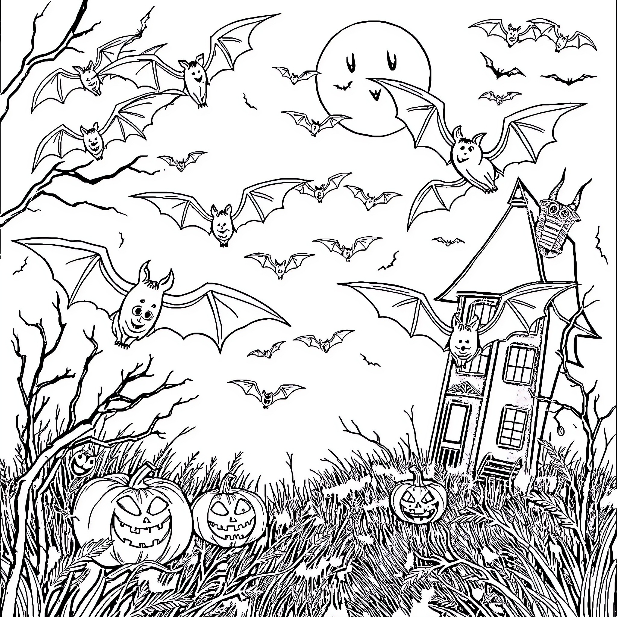 Bat-filled Halloween night with haunted house and pumpkins Coloring Page (free black-and-white line drawing printable PDF for all, from beginners to advanced learners, including children, teens, adults, and seniors)