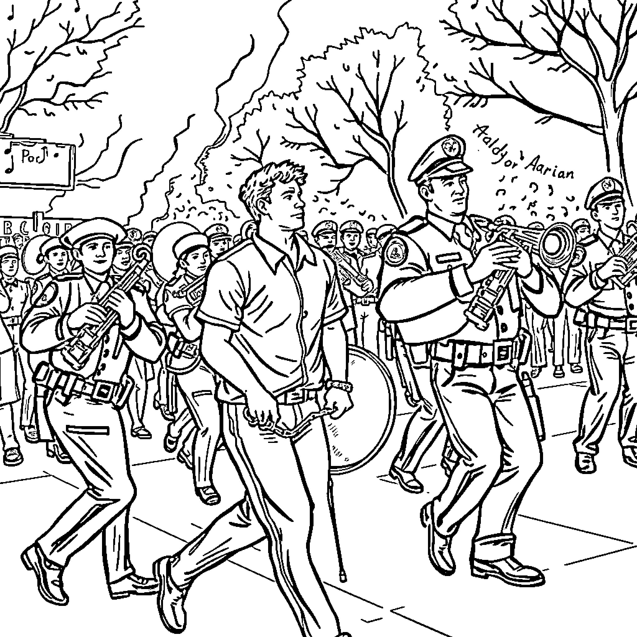 Marching Band Performing with Energy and Enthusiasm Coloring Page (free black-and-white line drawing printable PDF for all, from beginners to advanced learners, including children, teens, adults, and seniors)