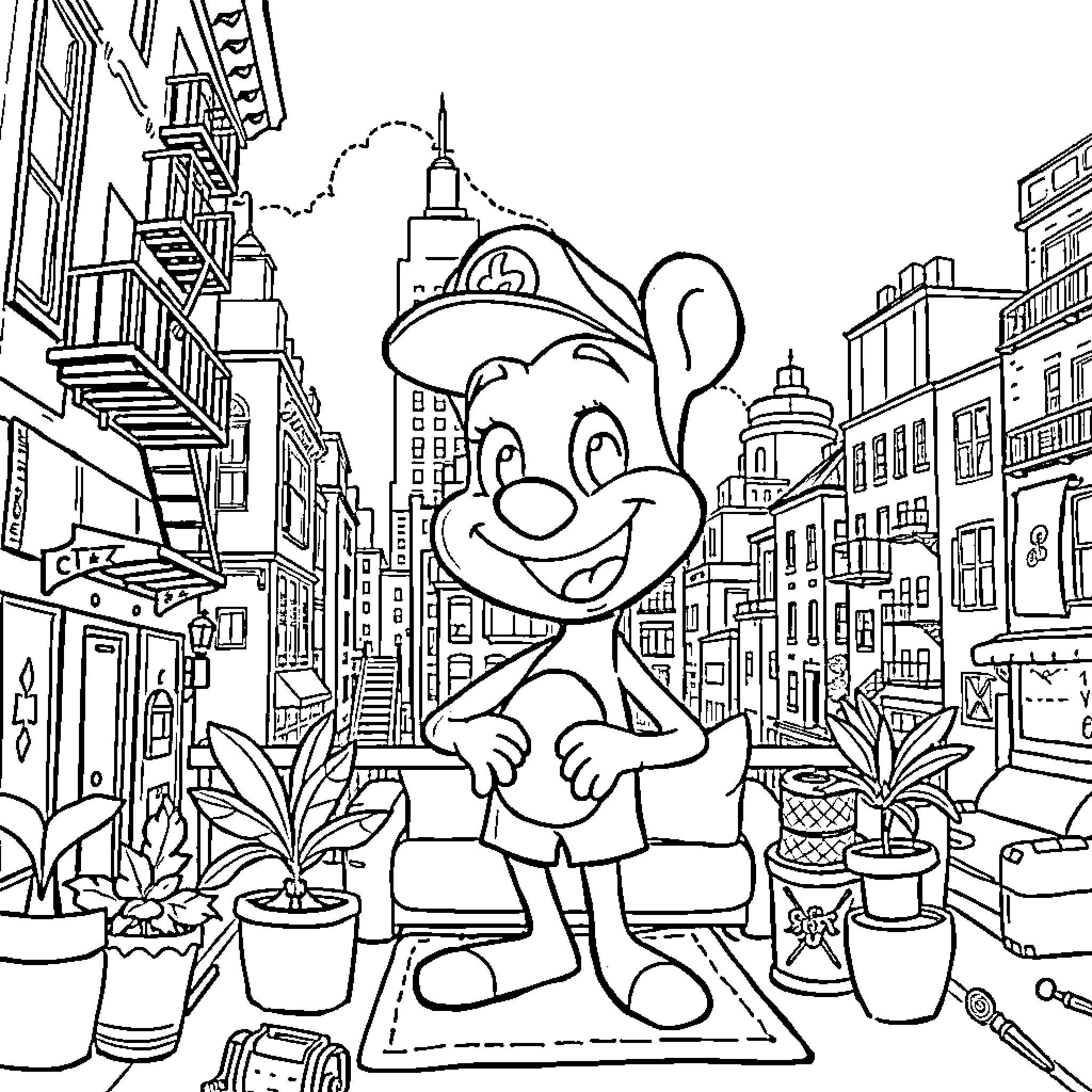 Bluely's Whimsical City Adventure Coloring Page (free black-and-white line drawing printable PDF for all, from beginners to advanced learners, including children, teens, adults, and seniors)