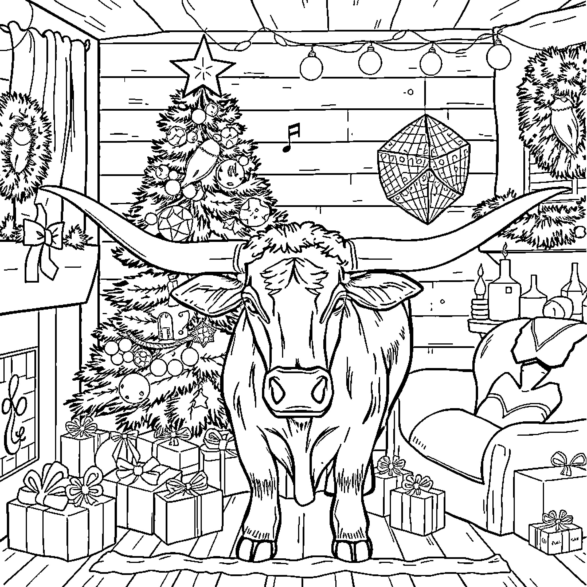 Longhorn cow in festive Christmas scene Coloring Page (free black-and-white line drawing printable PDF for all, from beginners to advanced learners, including children, teens, adults, and seniors)