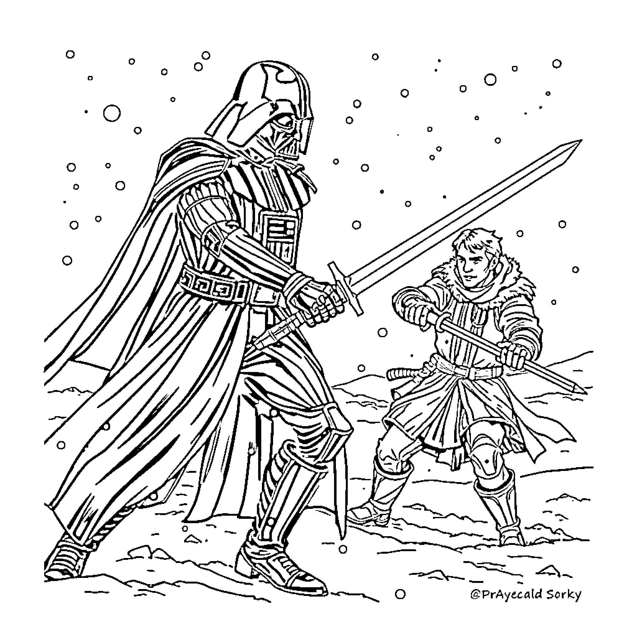 Darth Vader battles a valiant warrior in the snow Coloring Page (free black-and-white line drawing printable PDF for all, from beginners to advanced learners, including children, teens, adults, and seniors)