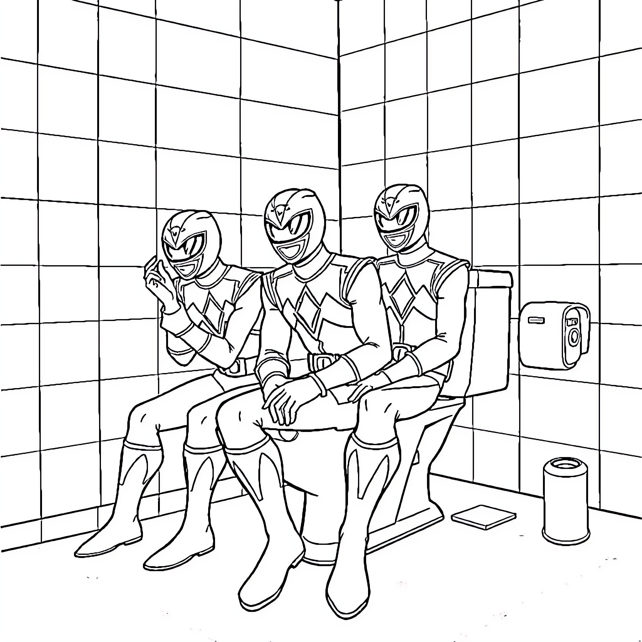 Power Rangers Waiting Patiently in Medical Room Coloring Page (free black-and-white line drawing printable PDF for all, from beginners to advanced learners, including children, teens, adults, and seniors)