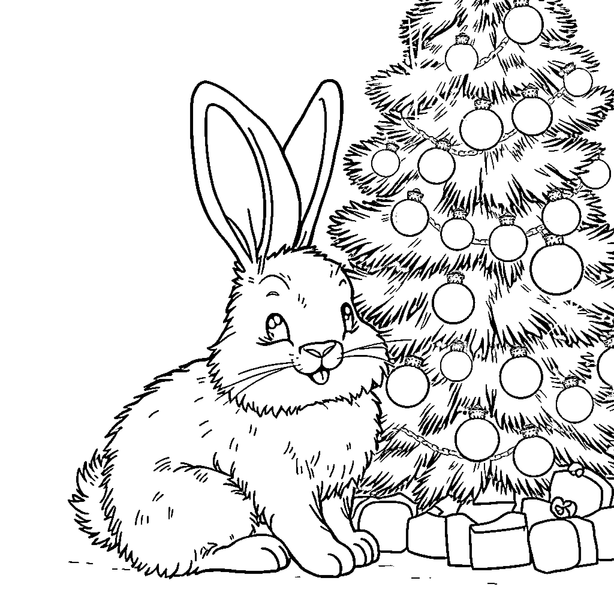 Bunny admiring decorated Christmas tree Coloring Page (free black-and-white line drawing printable PDF for all, from beginners to advanced learners, including children, teens, adults, and seniors)