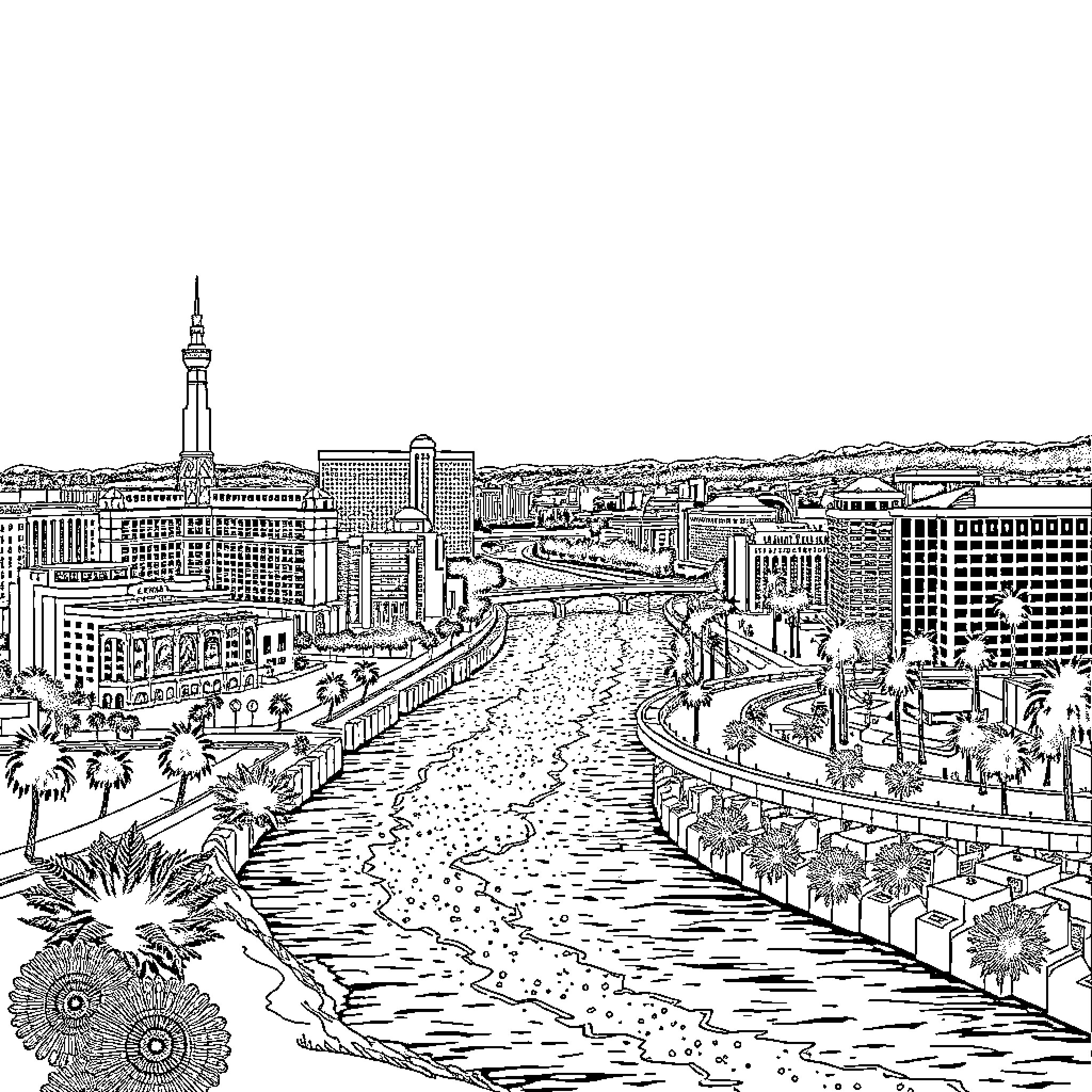 Las Vegas skyline with buildings, river, and palm trees Coloring Page (free black-and-white line drawing printable PDF for all, from beginners to advanced learners, including children, teens, adults, and seniors)