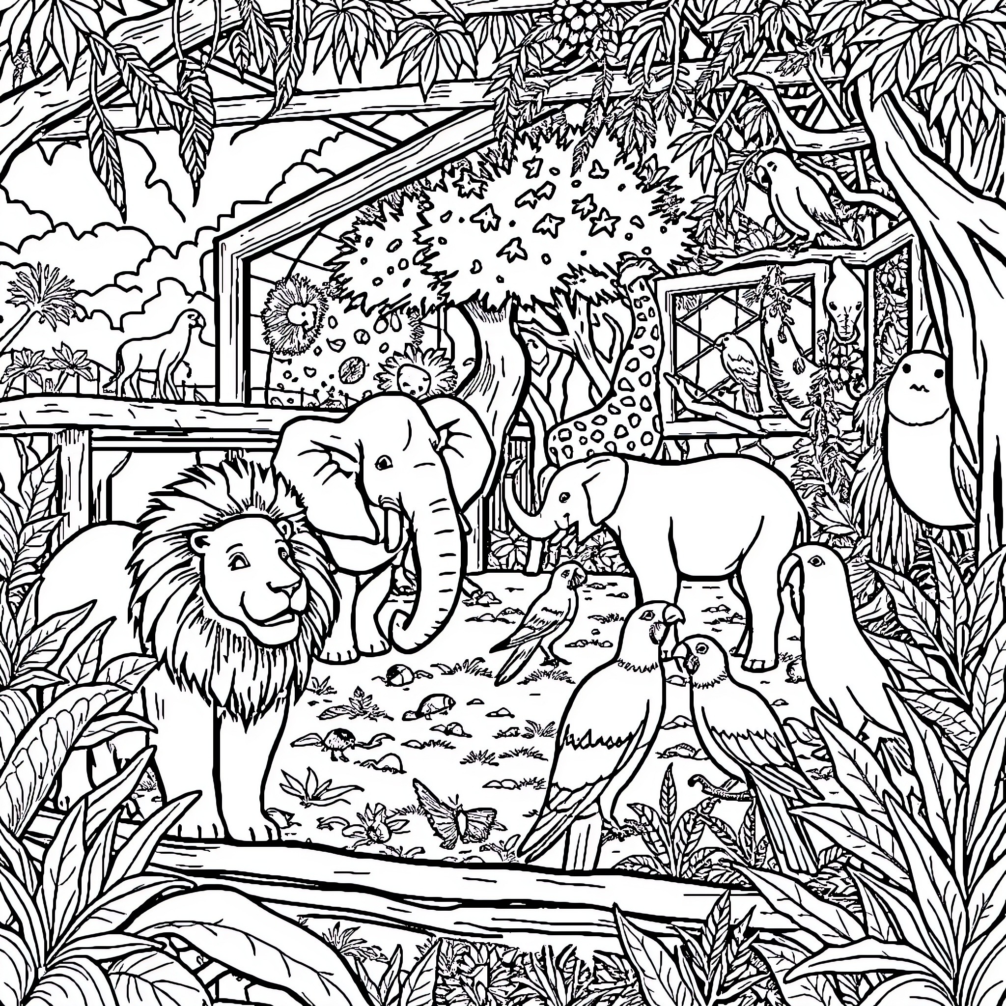 Zoo animals enjoying their habitat Coloring Page (free black-and-white line drawing printable PDF for all, from beginners to advanced learners, including children, teens, adults, and seniors)