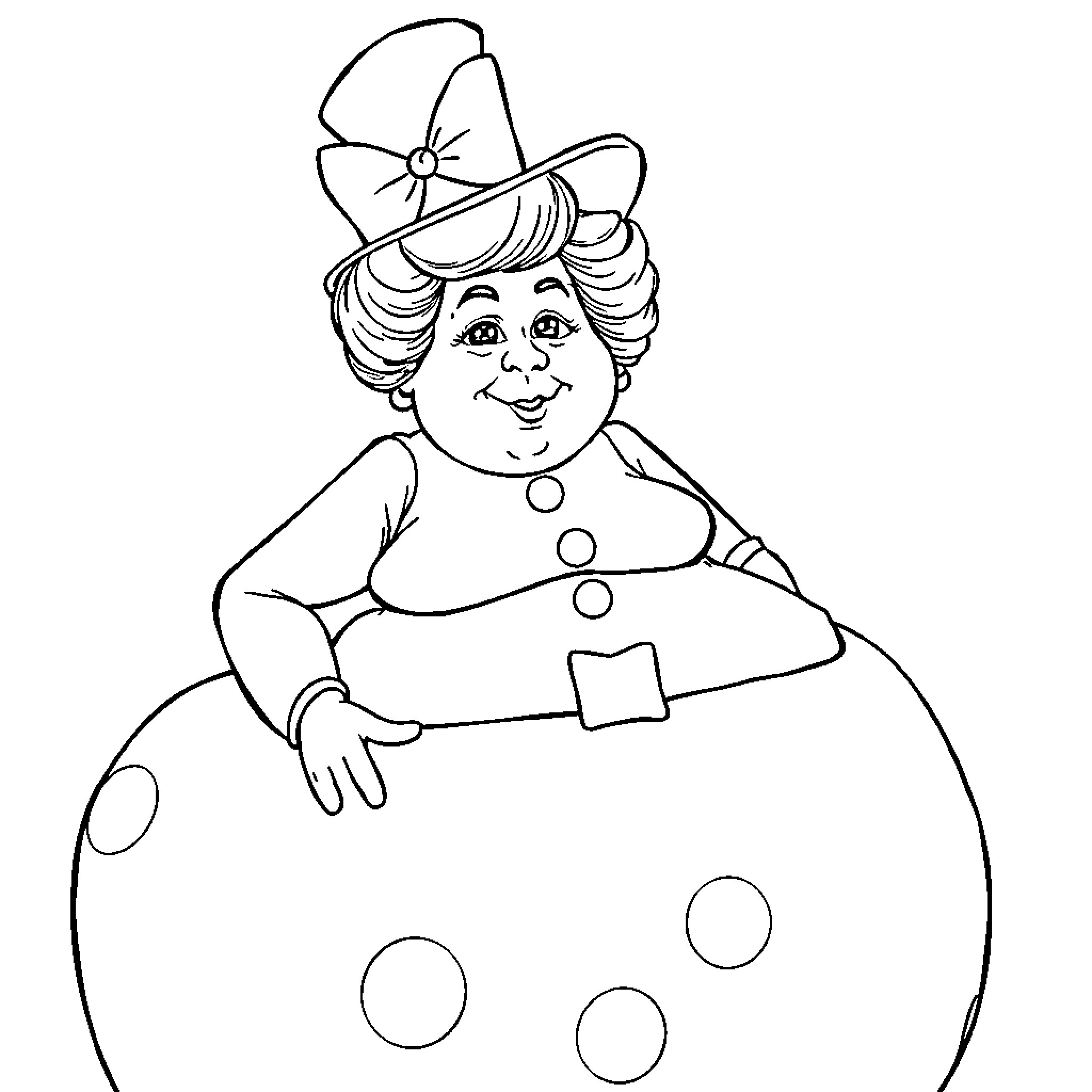 Violet Beauregarde as a Cheerful Snowman Coloring Page (free black-and-white line drawing printable PDF for all, from beginners to advanced learners, including children, teens, adults, and seniors)