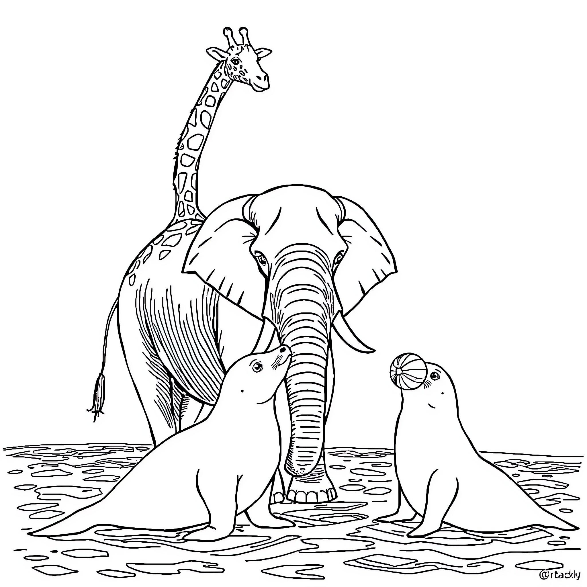 Giraffe, elephant, and penguins in a natural setting Coloring Page (free black-and-white line drawing printable PDF for all, from beginners to advanced learners, including children, teens, adults, and seniors)