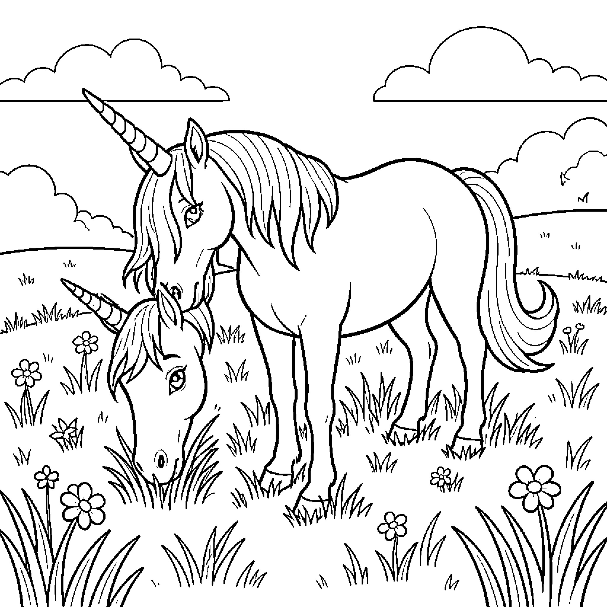 Unicorns grazing peacefully in a flowery meadow Coloring Page (free black-and-white line drawing printable PDF for all, from beginners to advanced learners, including children, teens, adults, and seniors)