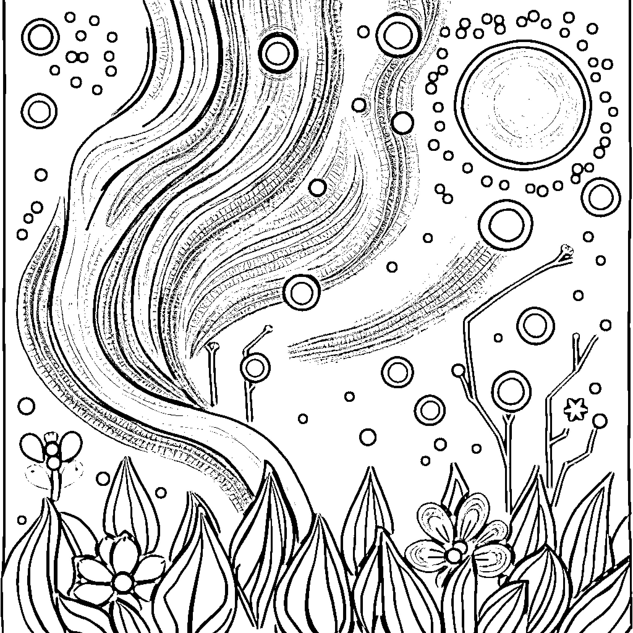 Art of Abstract Floral and Geometric Elements Coloring Page (free black-and-white line drawing printable PDF for all, from beginners to advanced learners, including children, teens, adults, and seniors)