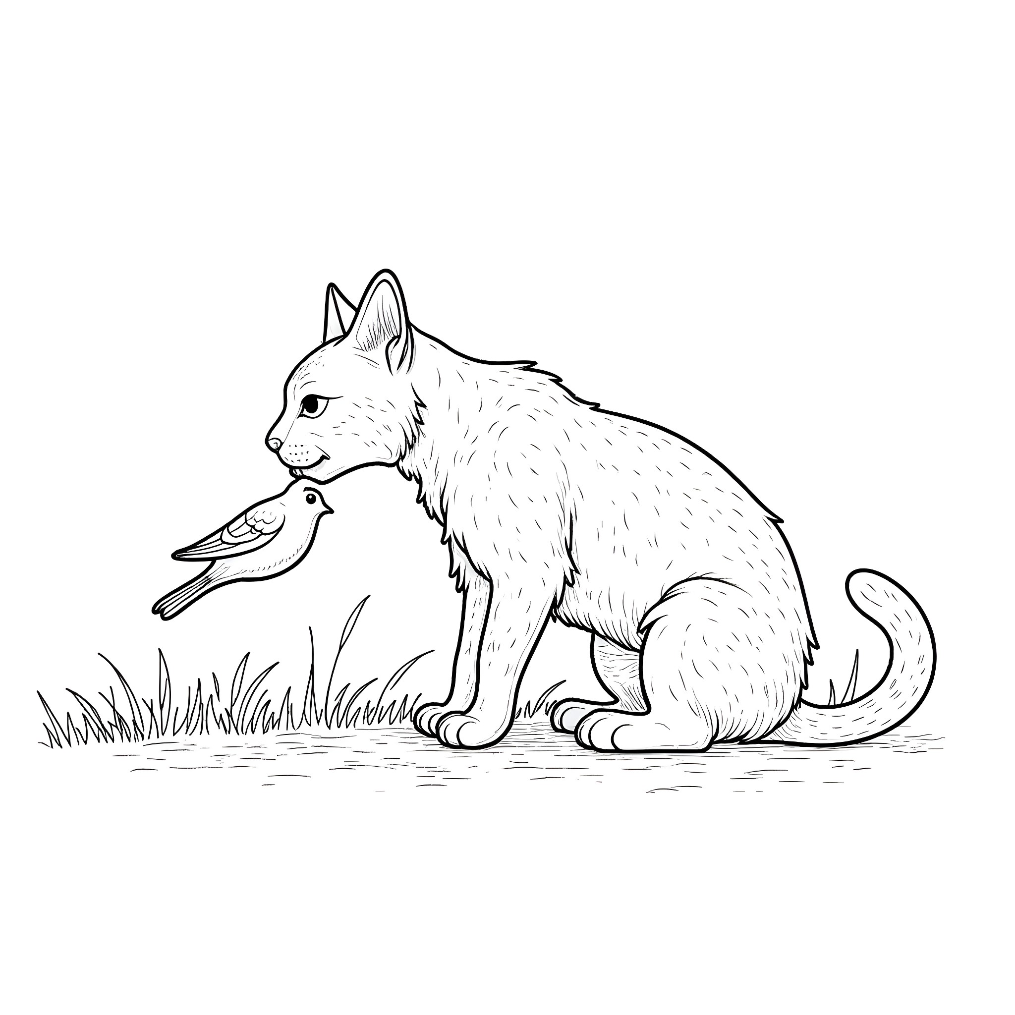Bobcat catching a bird in the wild Coloring Page (free black-and-white line drawing printable PDF for all, from beginners to advanced learners, including children, teens, adults, and seniors)