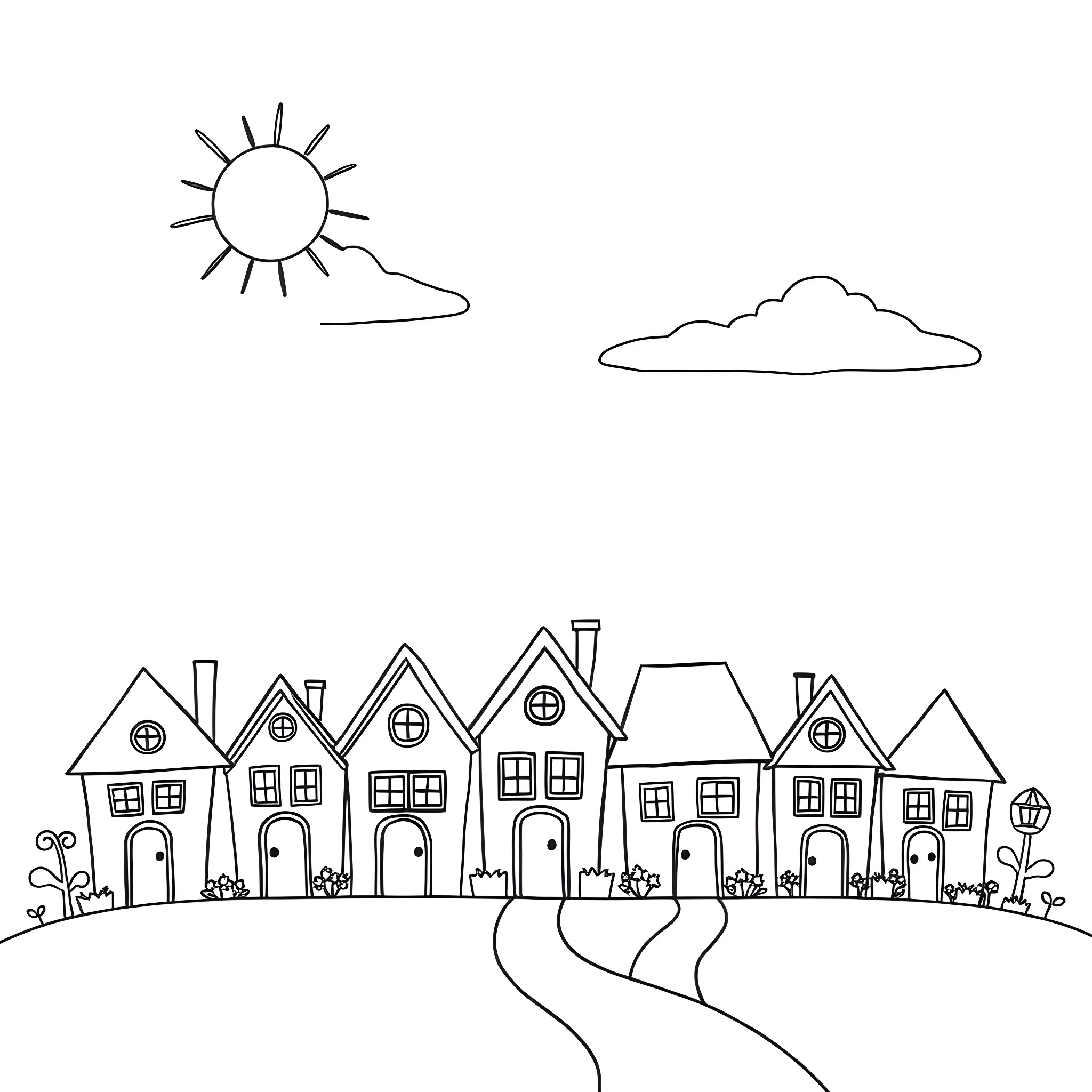 Houses with sun and clouds in the sky Coloring Page (free black-and-white line drawing printable PDF for all, from beginners to advanced learners, including children, teens, adults, and seniors)