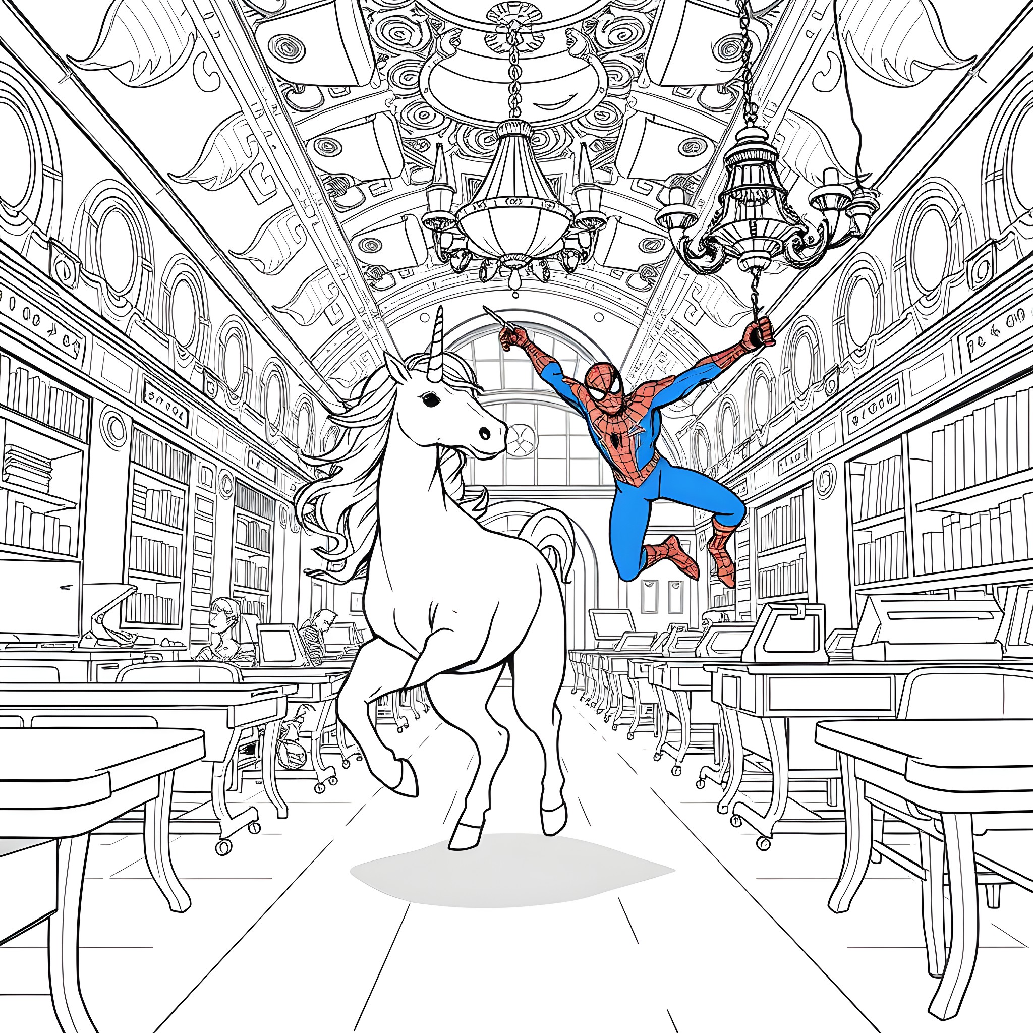 Unicorn and Spider-Man in a Magical Library Coloring Page (free black-and-white line drawing printable PDF for all, from beginners to advanced learners, including children, teens, adults, and seniors)