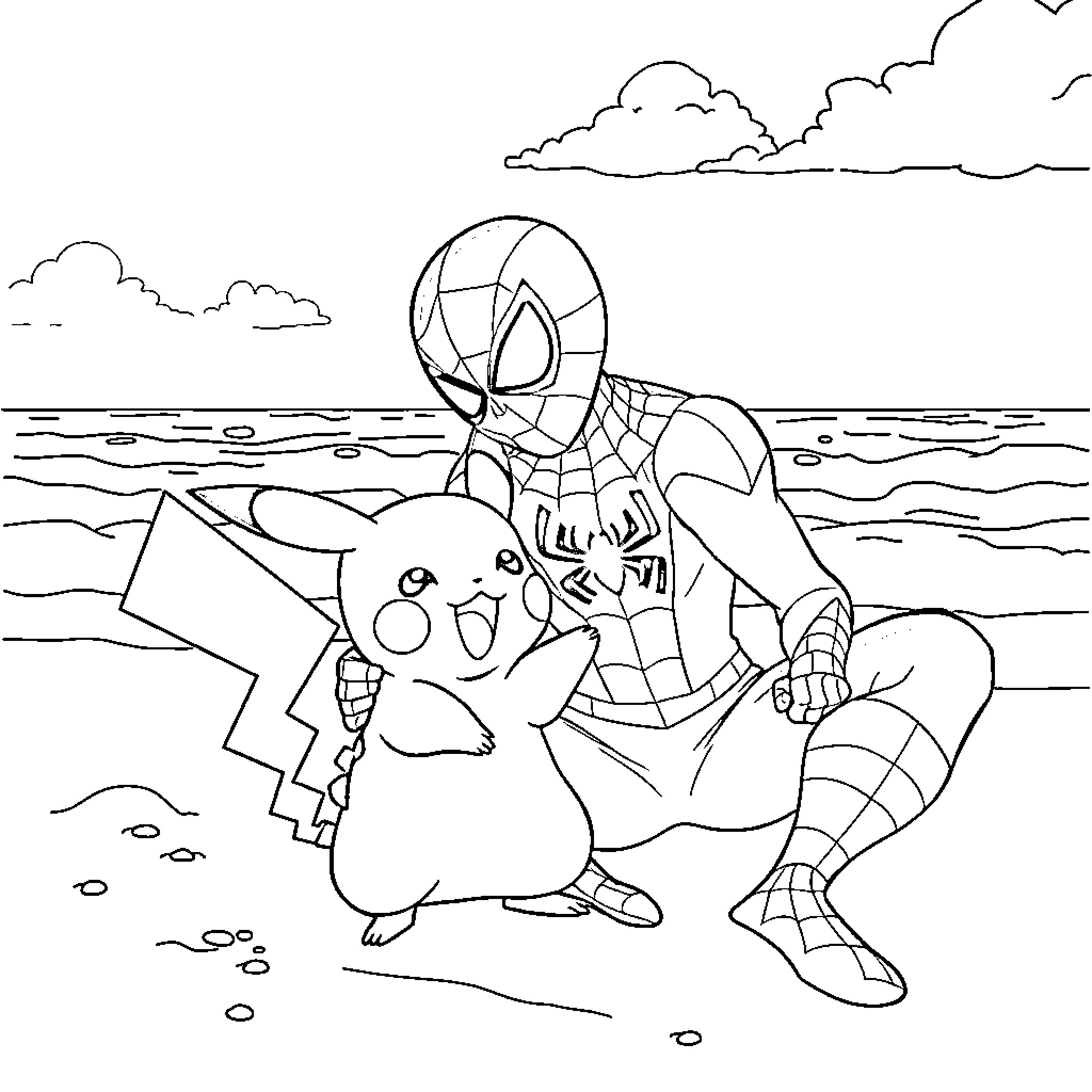 Spiderman and Pikachu playing on the beach Coloring Page (free black-and-white line drawing printable PDF for all, from beginners to advanced learners, including children, teens, adults, and seniors)