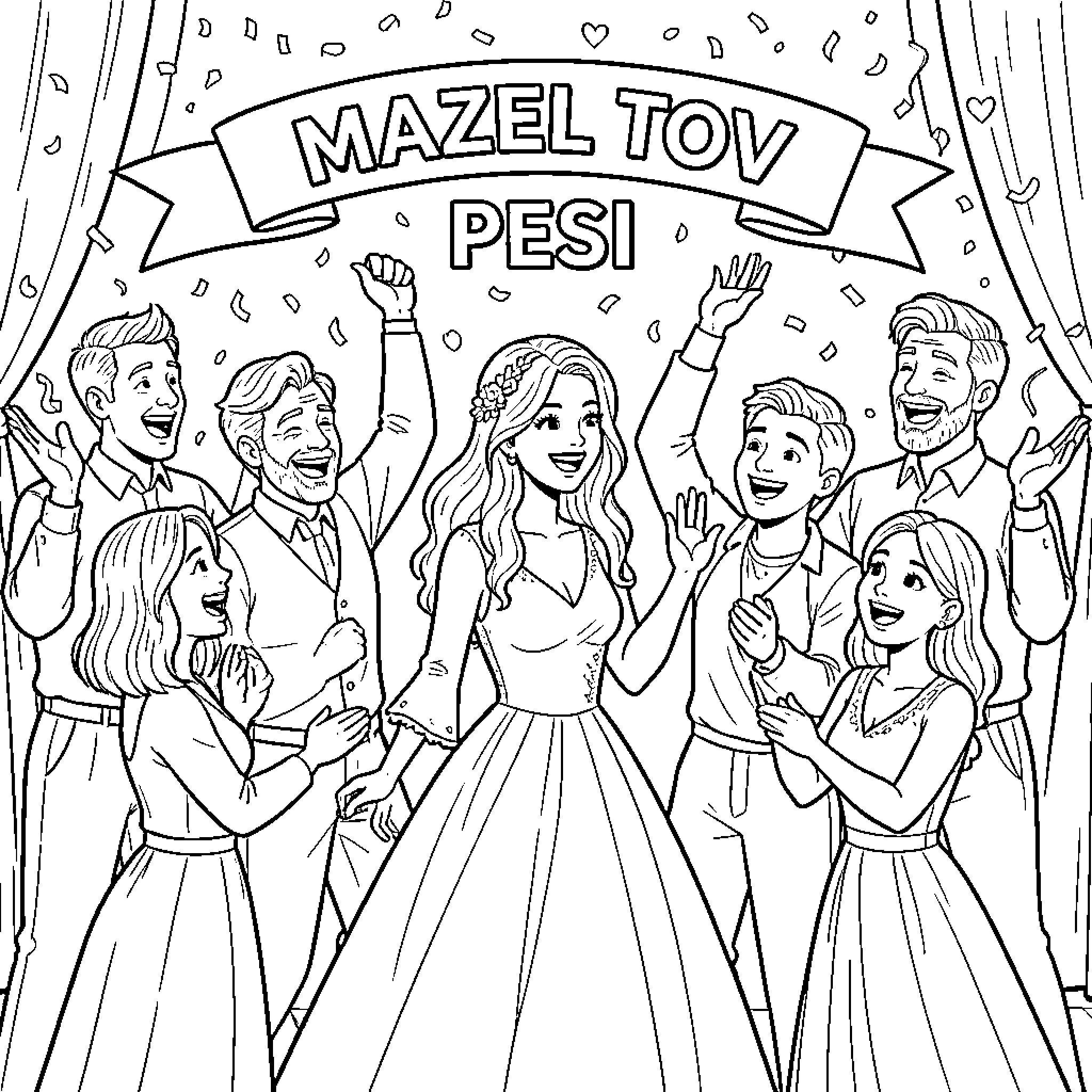 Engagement celebration with happy people cheering and clapping Coloring Page (free black-and-white line drawing printable PDF for all, from beginners to advanced learners, including children, teens, adults, and seniors)